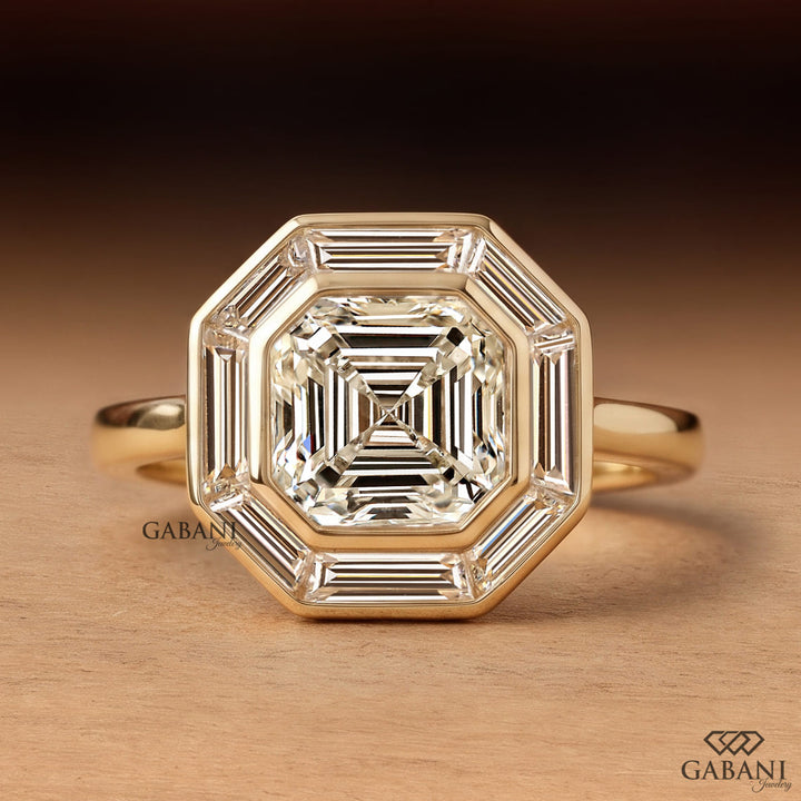 Asscher cut lab grown diamond engagement ring with baguette diamond halo in 18K yellow gold, featuring a vintage Art Deco design.