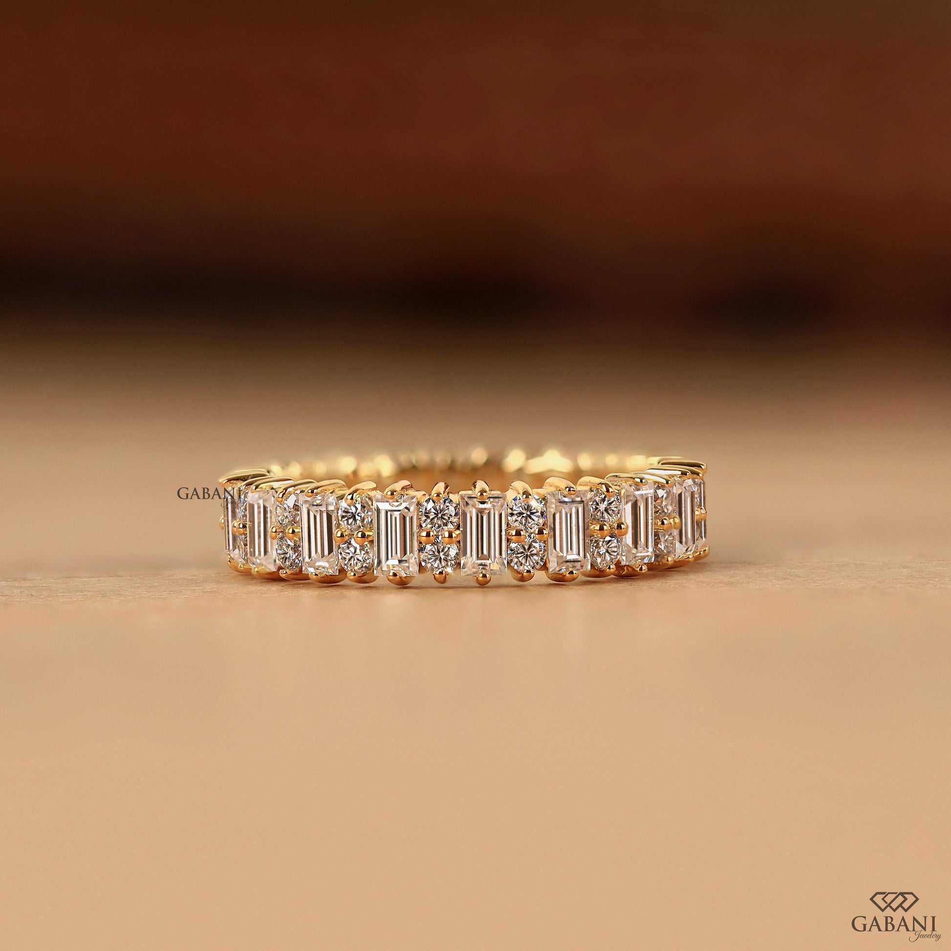 Gabani Jewelry wide lab diamond eternity band with baguette and round diamonds