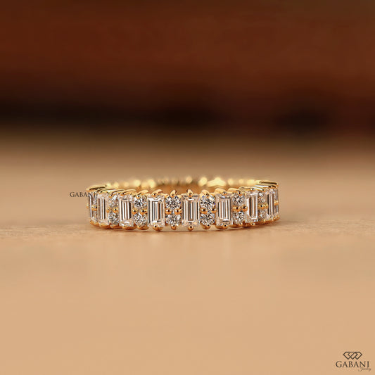 Gabani Jewelry wide lab diamond eternity band with baguette and round diamonds