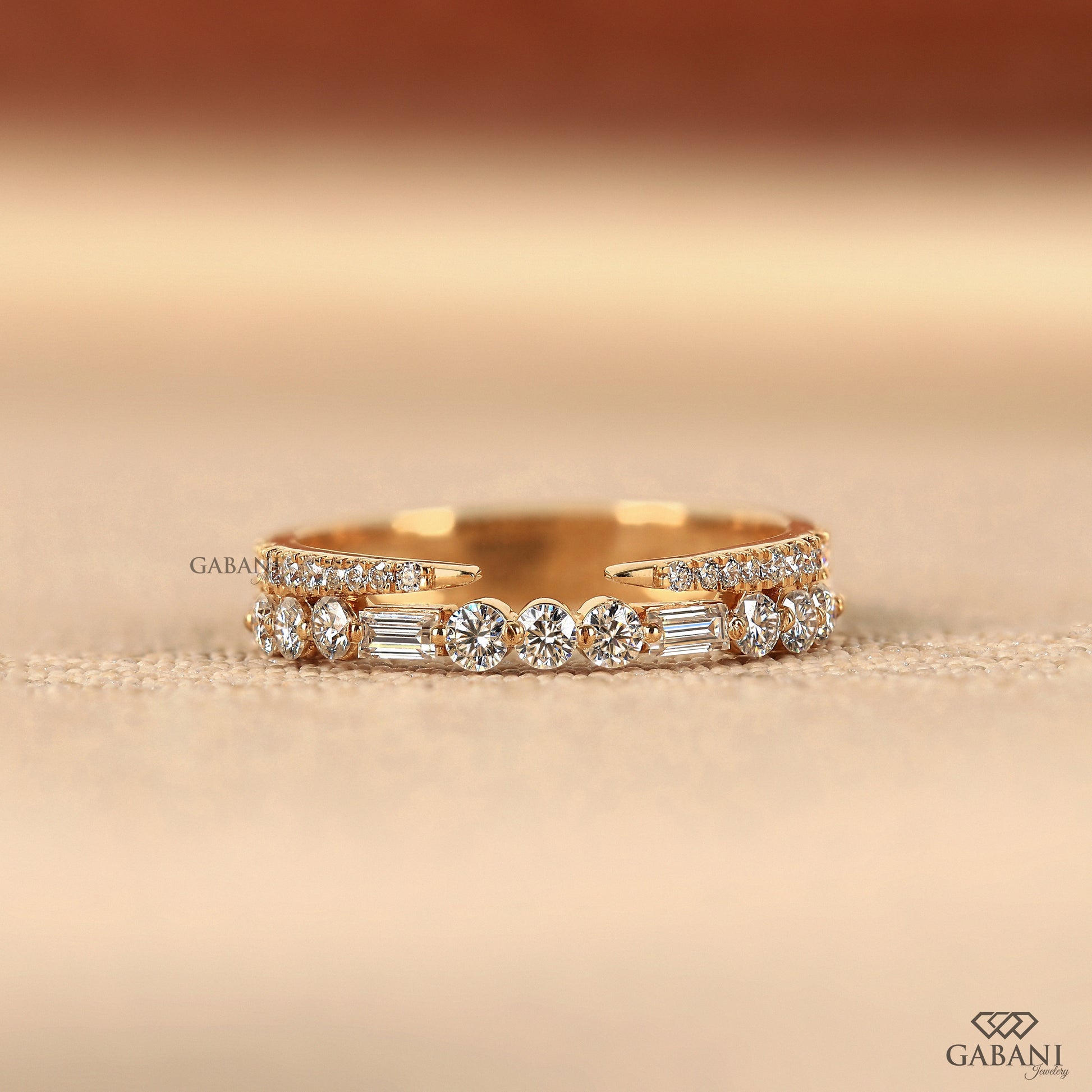 gabani jewelry double row baguette and round lab grown diamond half eternity band in 14k yellow gold