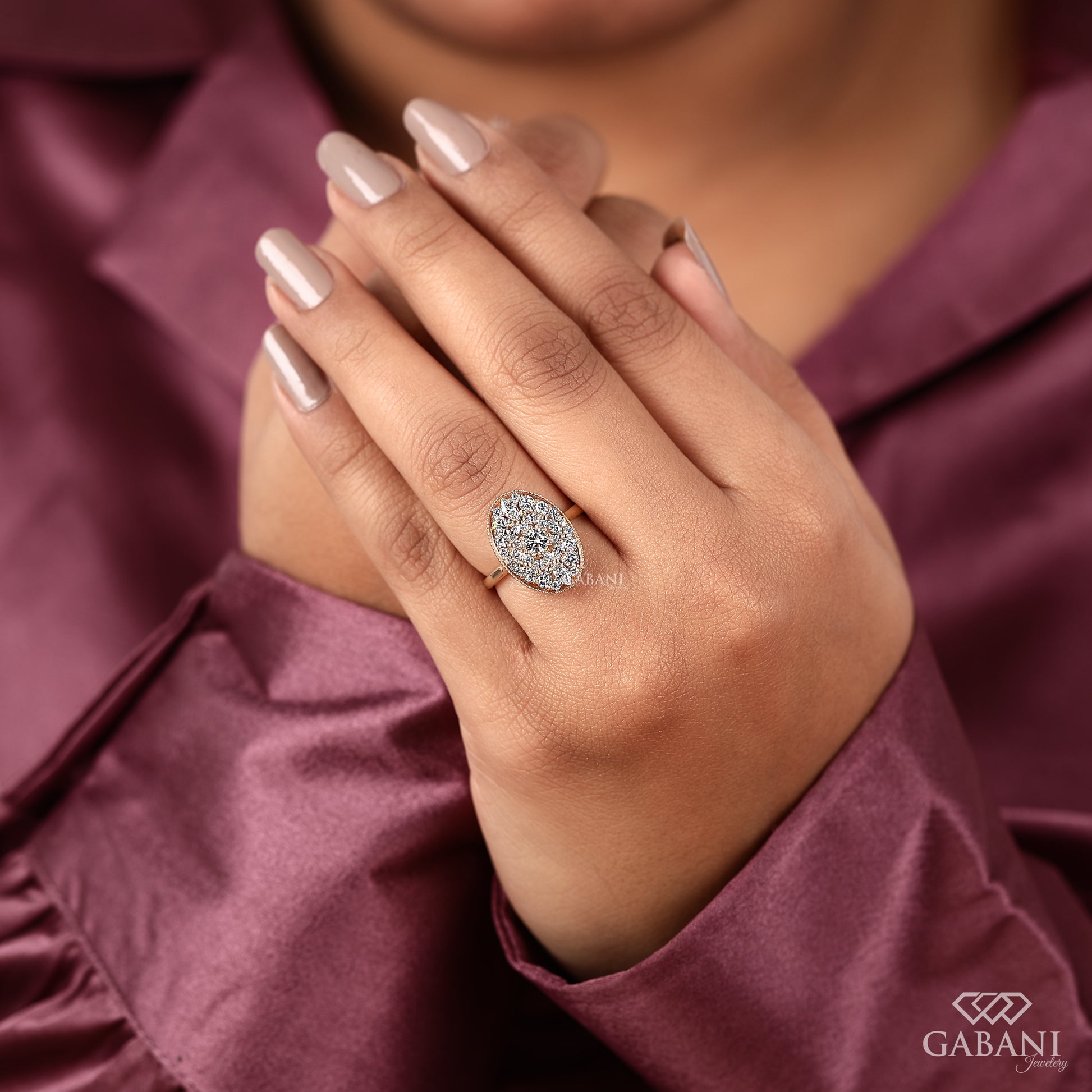 Art deco oval mosaic lab grown diamond ring in yellow gold
