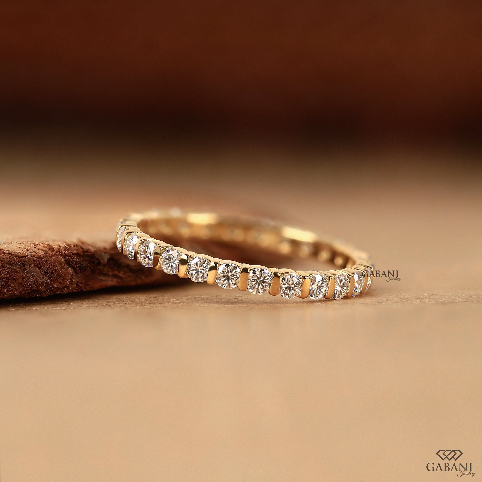 round lab grown diamond band in solid gold dainty bar set gabani jewelry