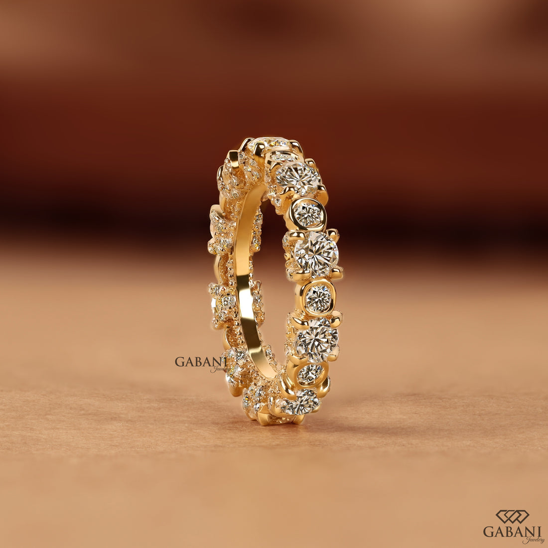 Stacking diamond band with bezel and prong set round diamonds
