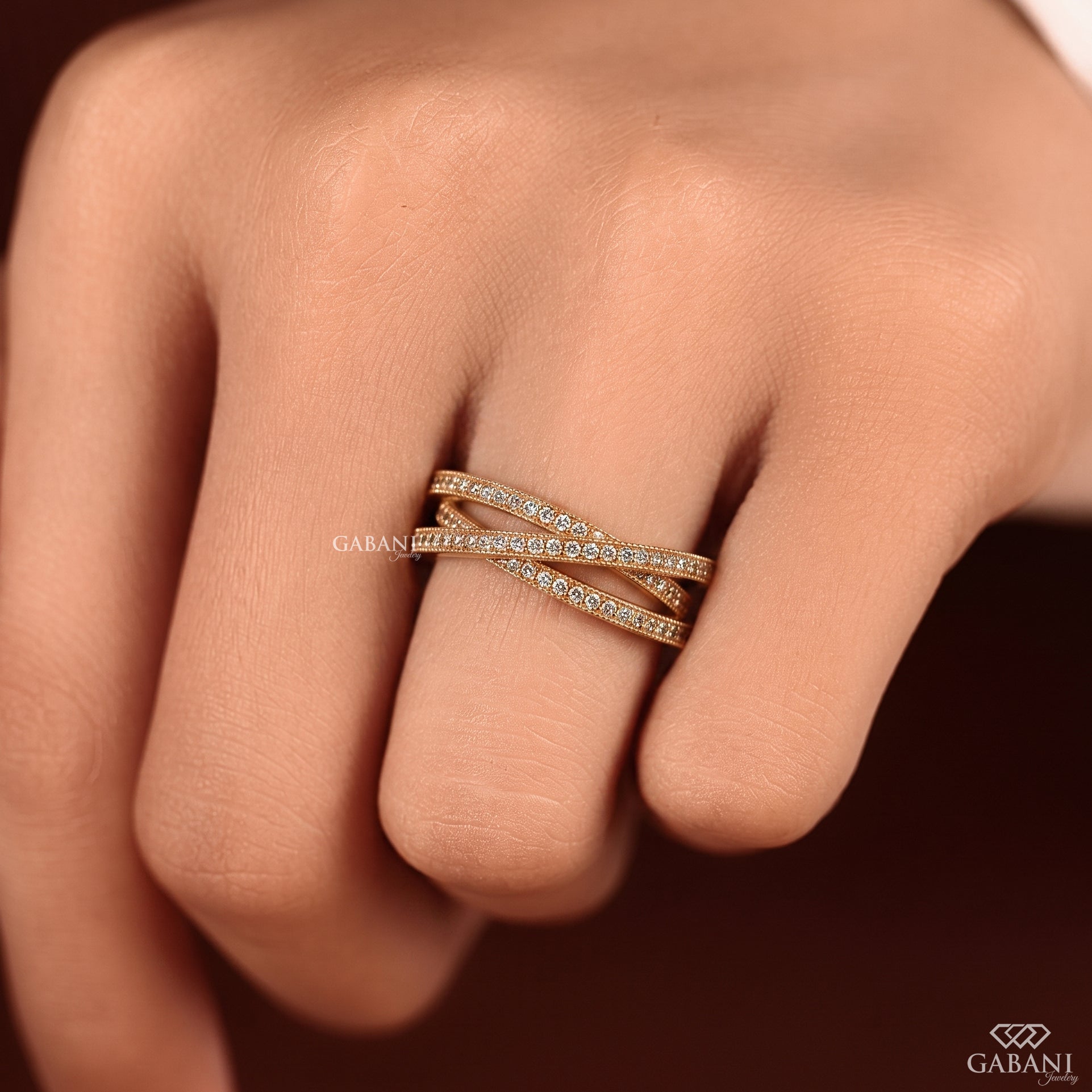 Lab grown diamond criss cross wedding band with a timeless pave crossover style
