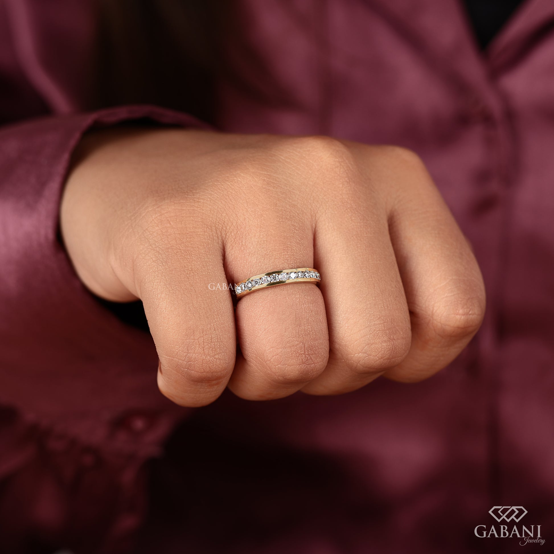 comfort fit channel set band with round lab grown diamonds in yellow gold