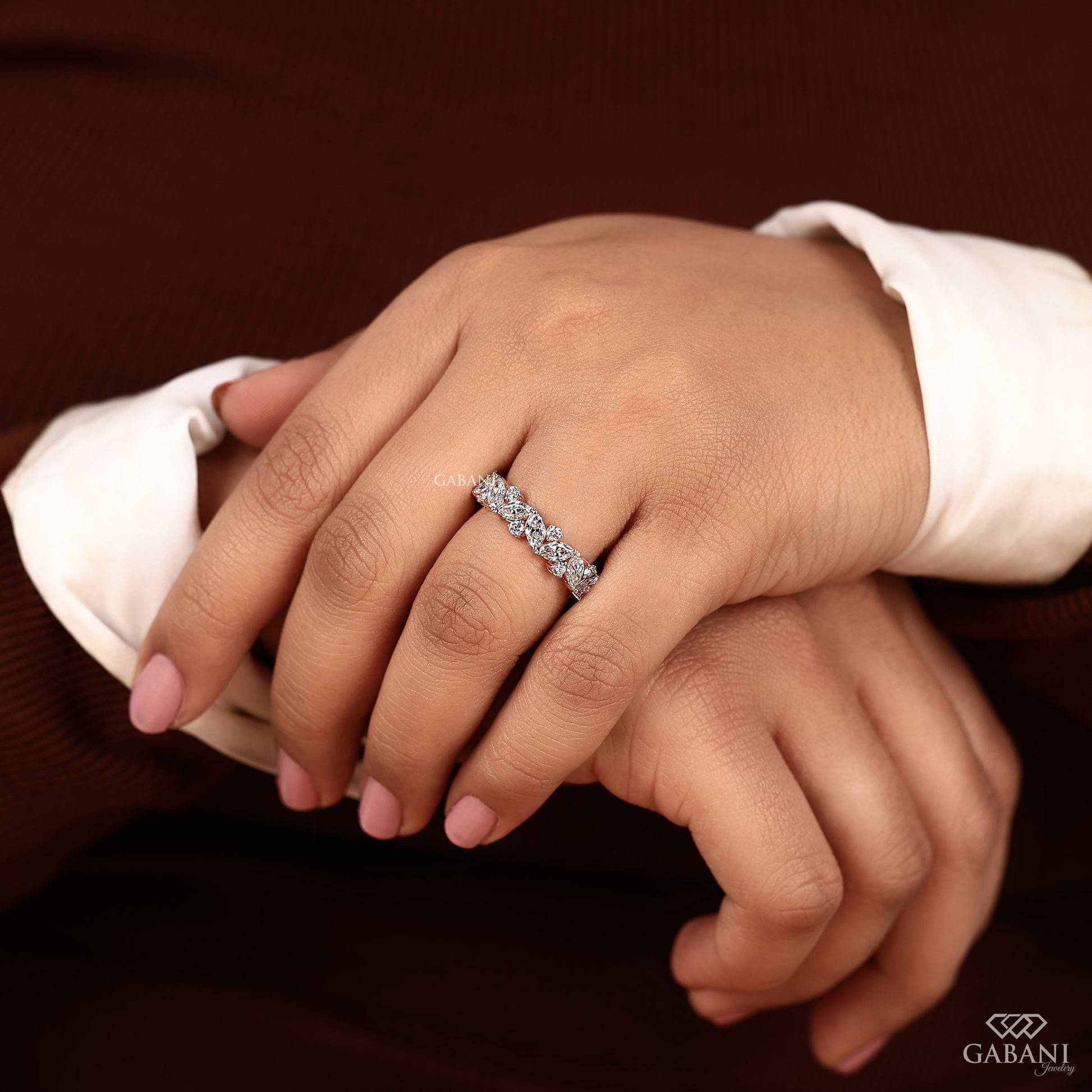 lab diamond stacking band with marquise and round shapes in rose gold
