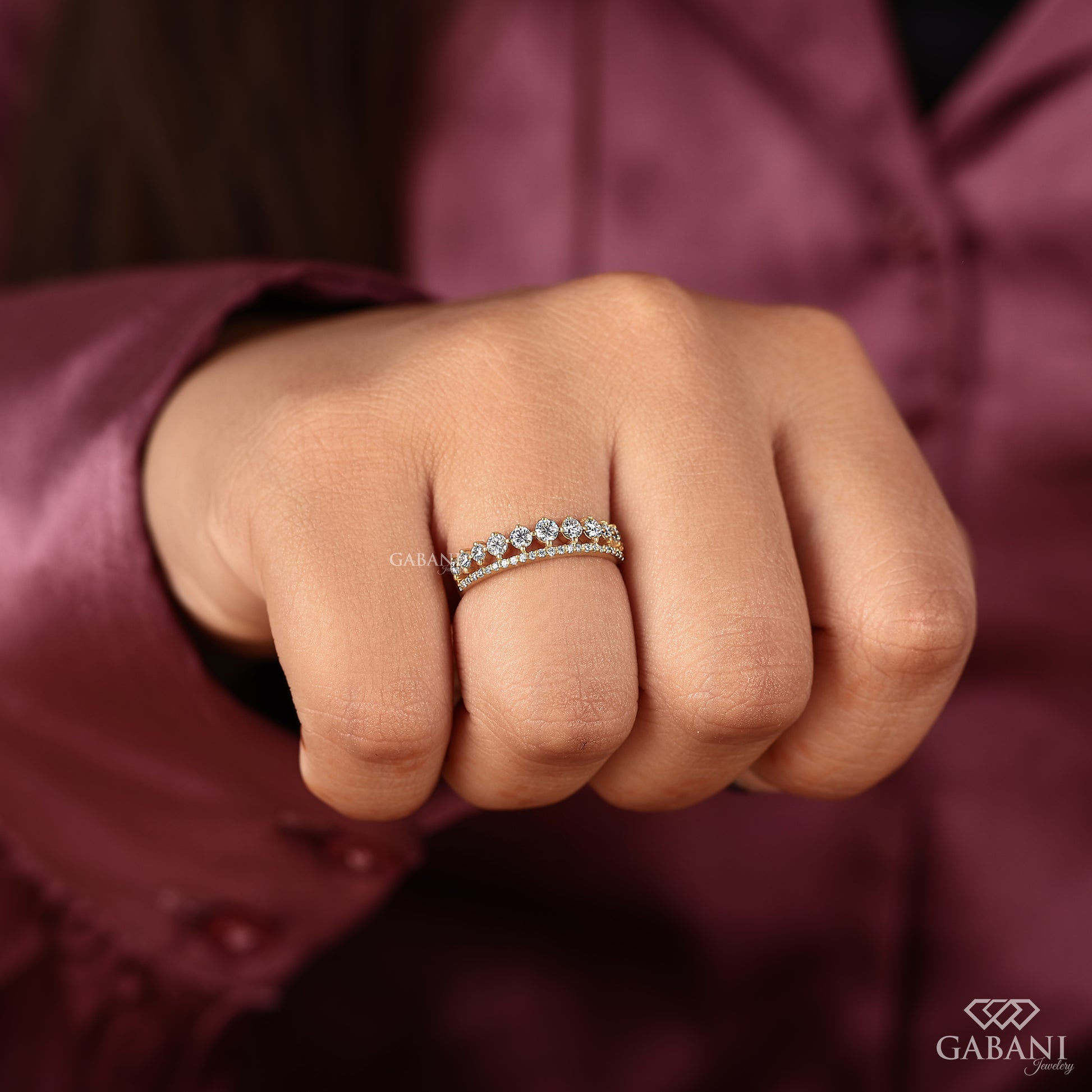 yellow gold tiara band with round lab grown diamonds and comfort fit design