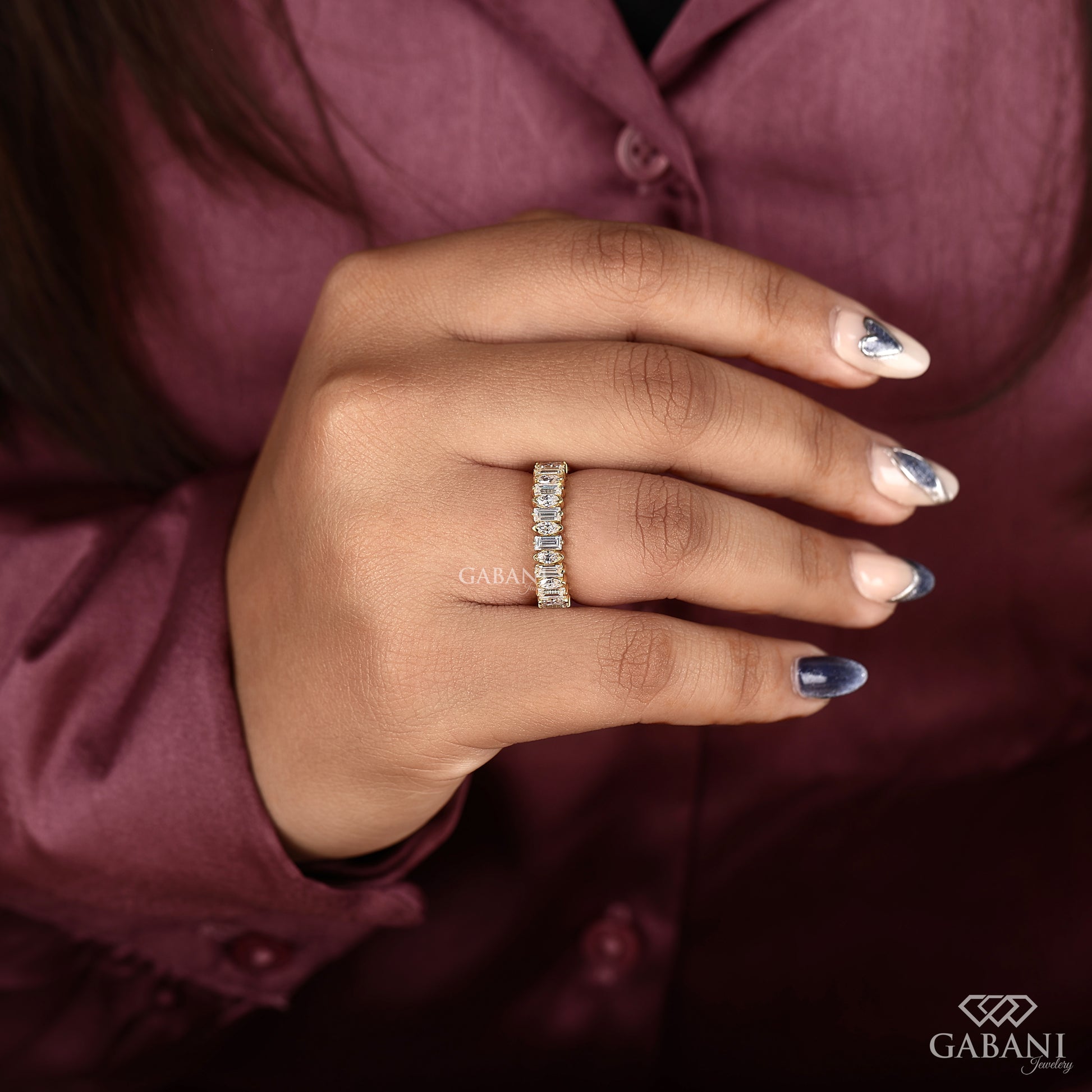 Marquise and baguette lab diamond wedding band in gold for daily wear