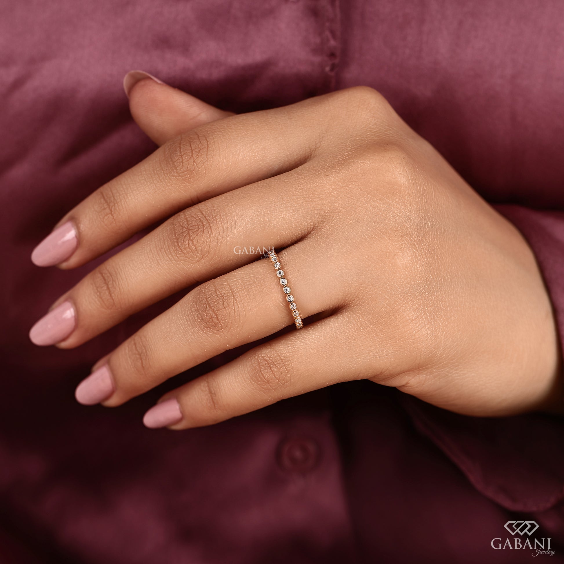 dainty bezel set lab grown diamond band in gold, thin minimal ring for stacking and daily wear