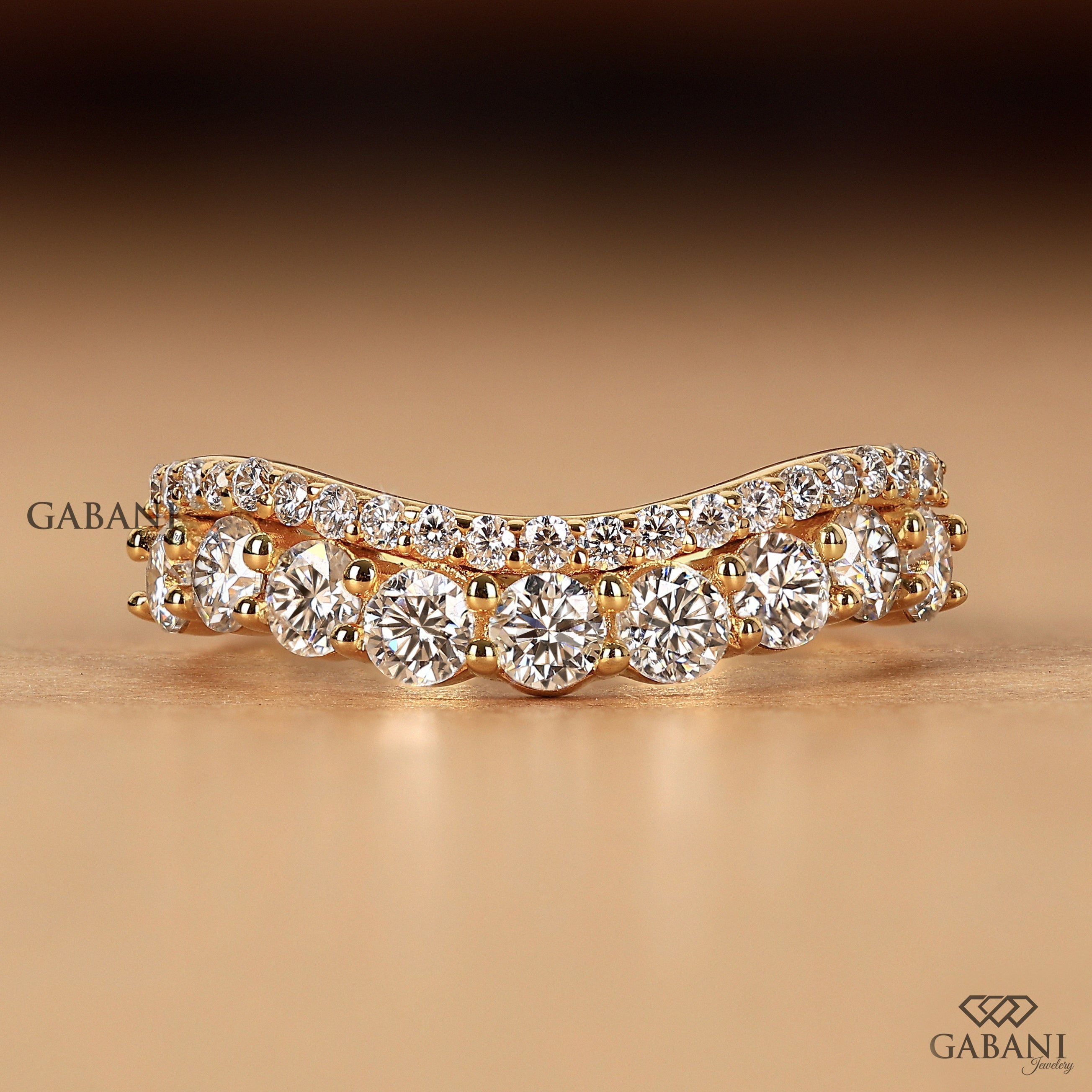 14K solid gold curved chevron lab grown diamond wedding band