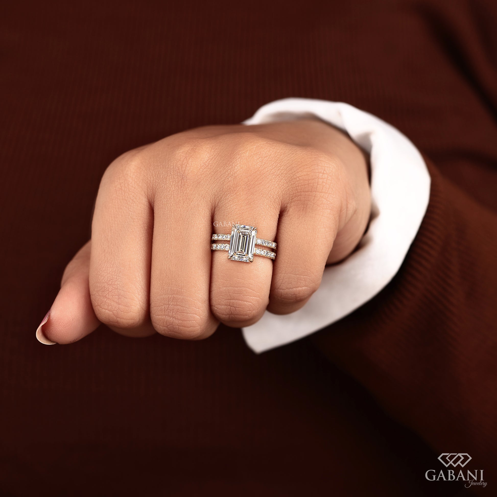 14k yellow gold emerald cut lab diamond double shank ring