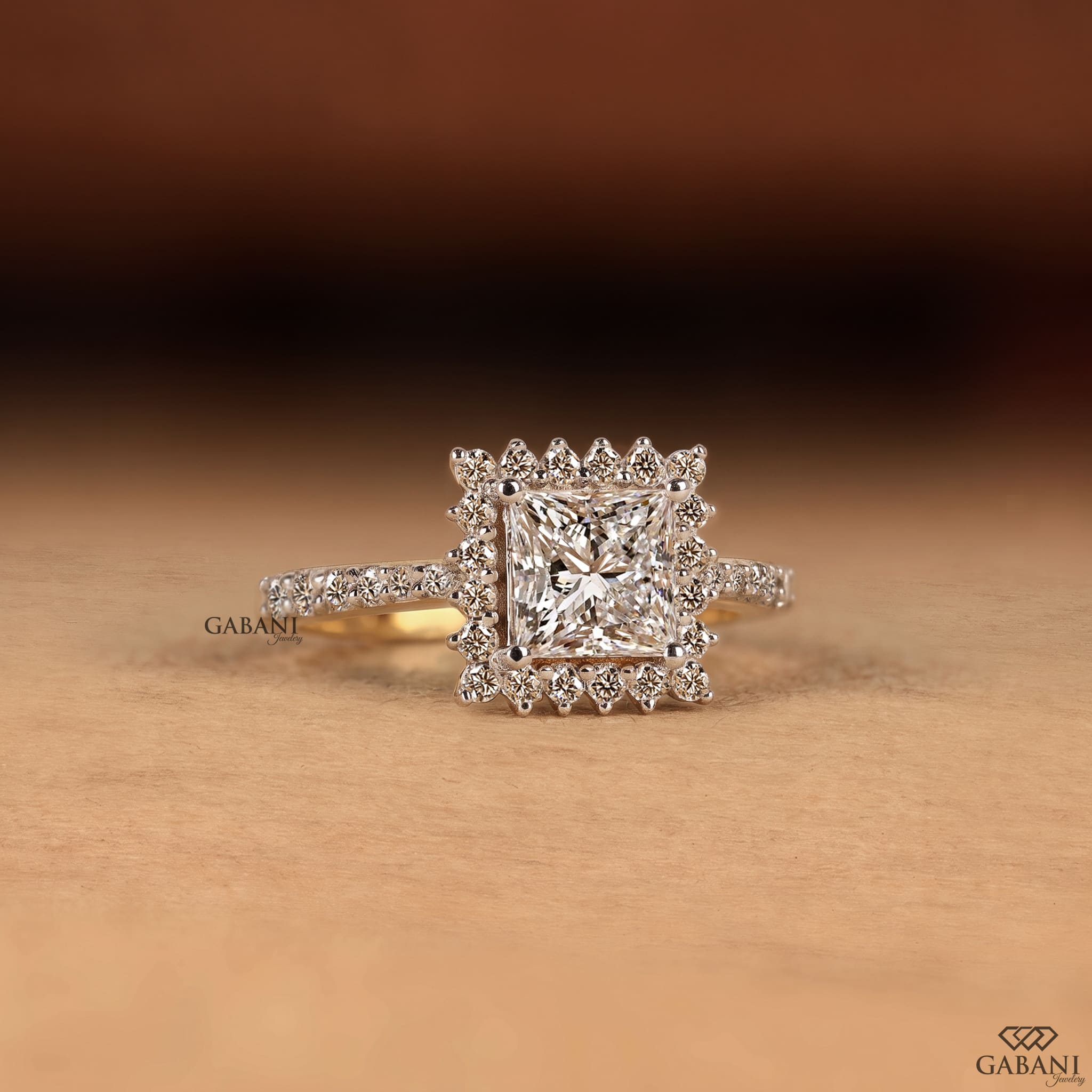 Princess cut lab grown diamond engagement ring in yellow gold featuring a round diamond halo and pave diamond band, designed as a bridal, proposal, anniversary, or engagement ring.