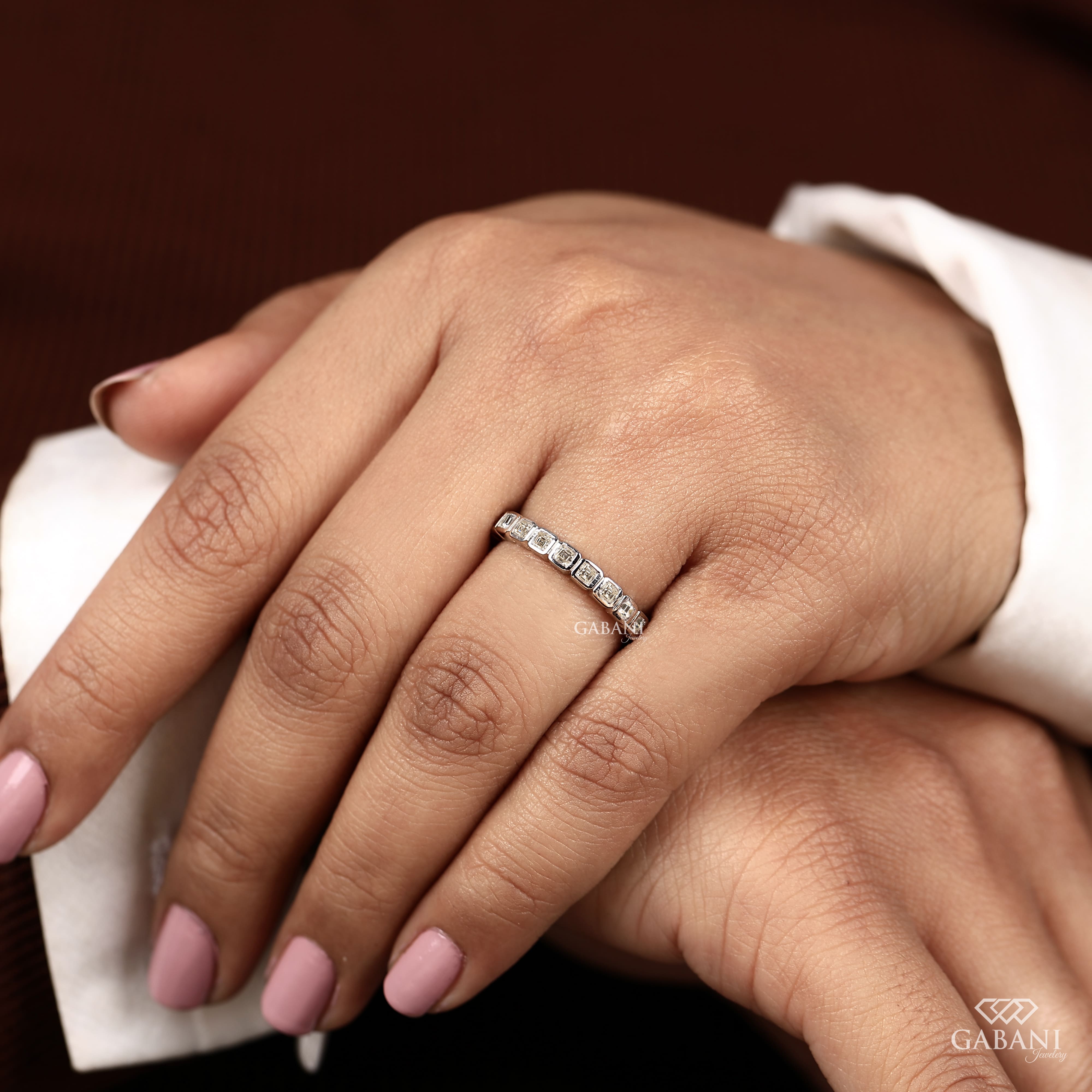 Asscher cut lab grown diamond full eternity band in white gold with bezel set EF color VS1 clarity diamonds, designed as a wedding, anniversary, bridal, or stackable ring.