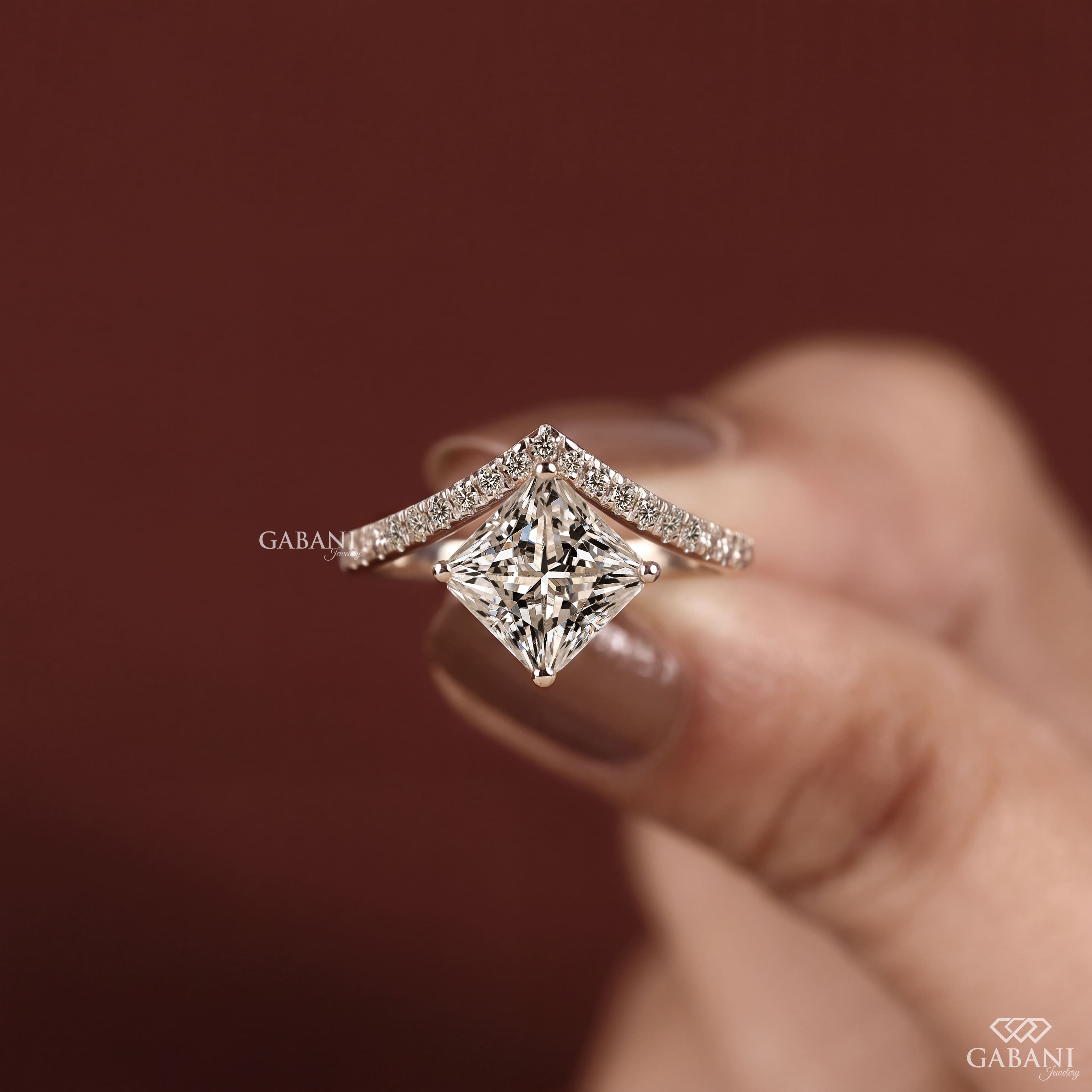 Princess cut lab grown diamond engagement ring in white gold with a kite set center stone and round pave diamond accents on a cathedral style band, designed for engagement, bridal, proposal, or anniversary wear.