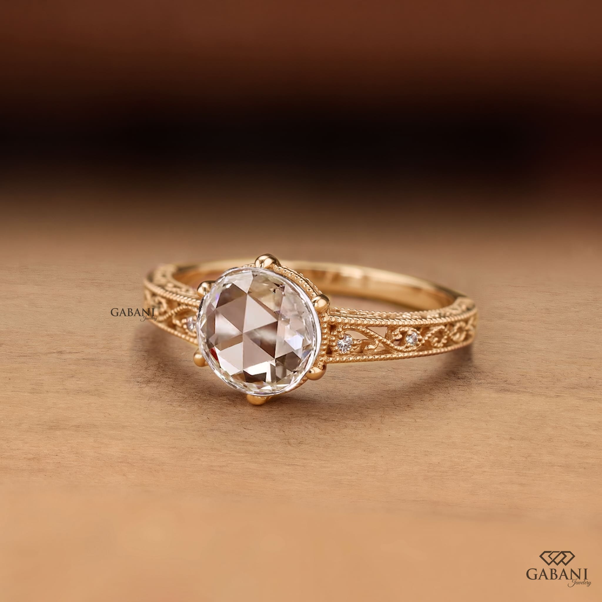 Round rose cut lab grown diamond engagement ring with vintage filigree, milgrain detailing and small round diamond accents in gold.