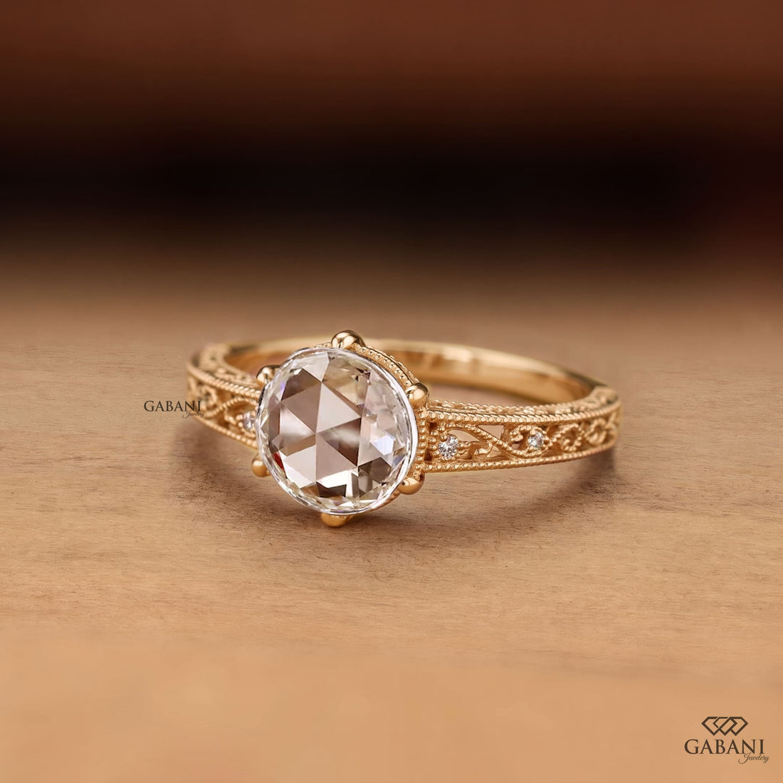 Round rose cut lab grown diamond engagement ring with vintage filigree, milgrain detailing and small round diamond accents in gold.