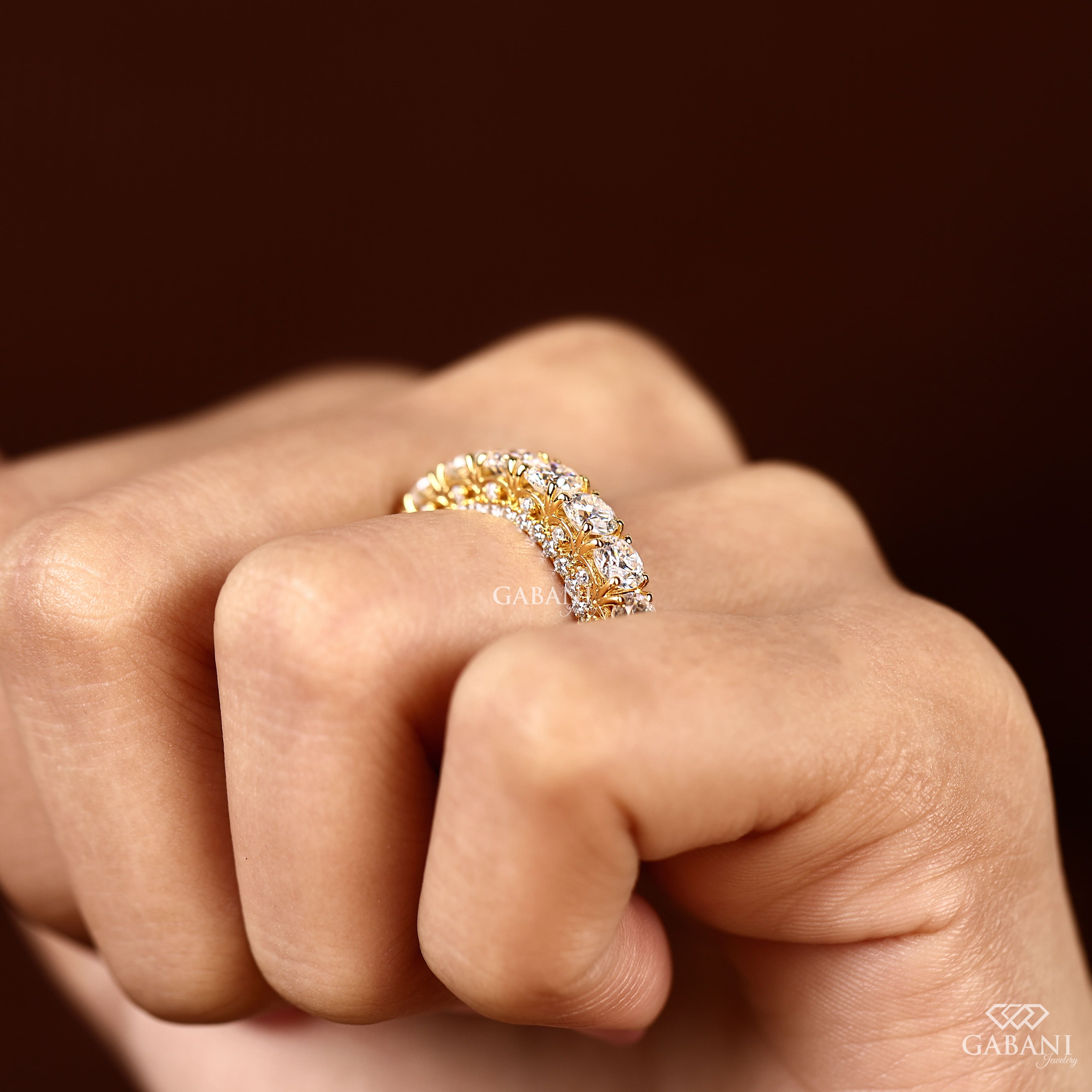 Round cut lab grown diamond full eternity band in yellow gold with continuous diamonds and side accent stones, designed for wedding, anniversary, bridal, and stackable wear.