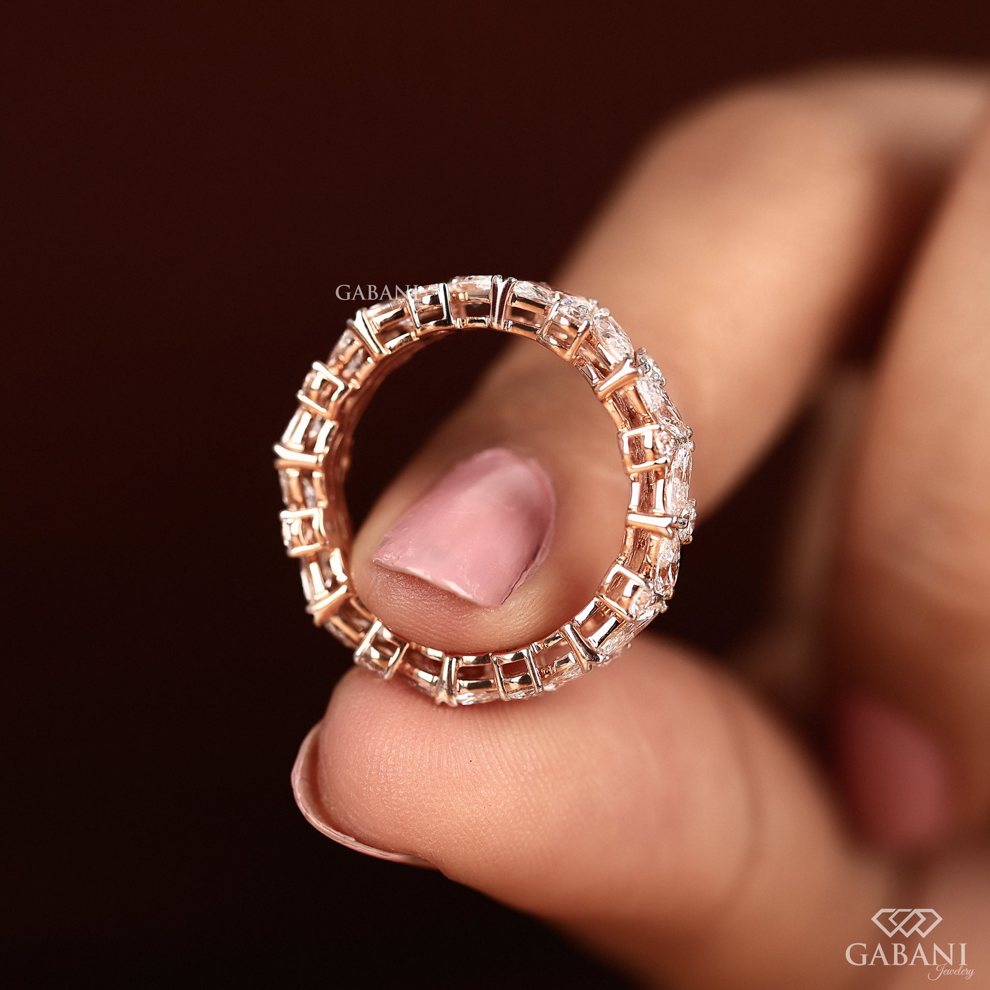 rose gold wedding band with marquise and round lab grown diamonds