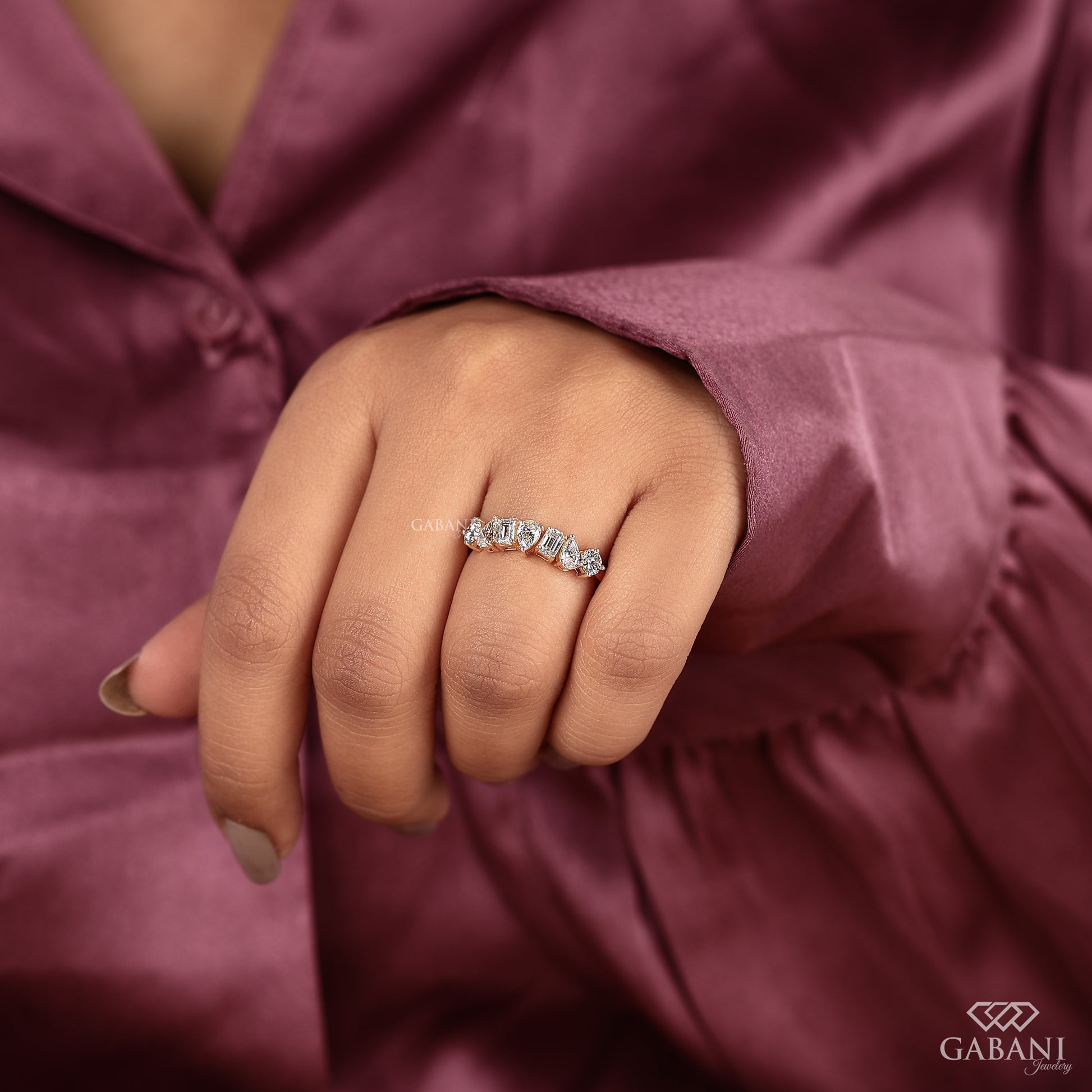 Yellow gold half eternity band with mixed shape lab grown diamonds