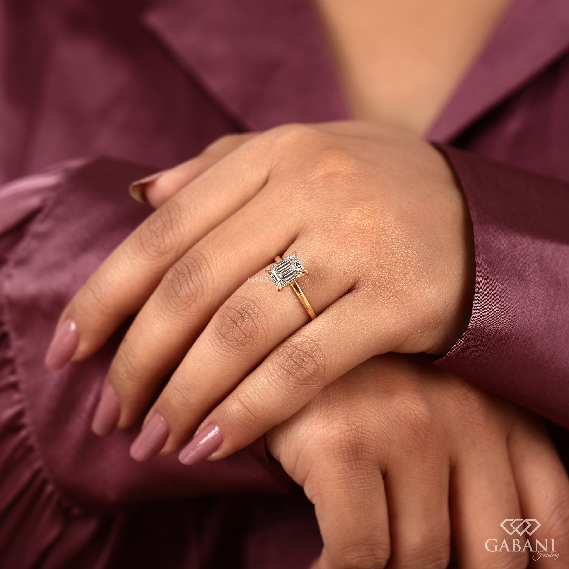 Comfort fit yellow gold ring with emerald cut lab grown diamond
