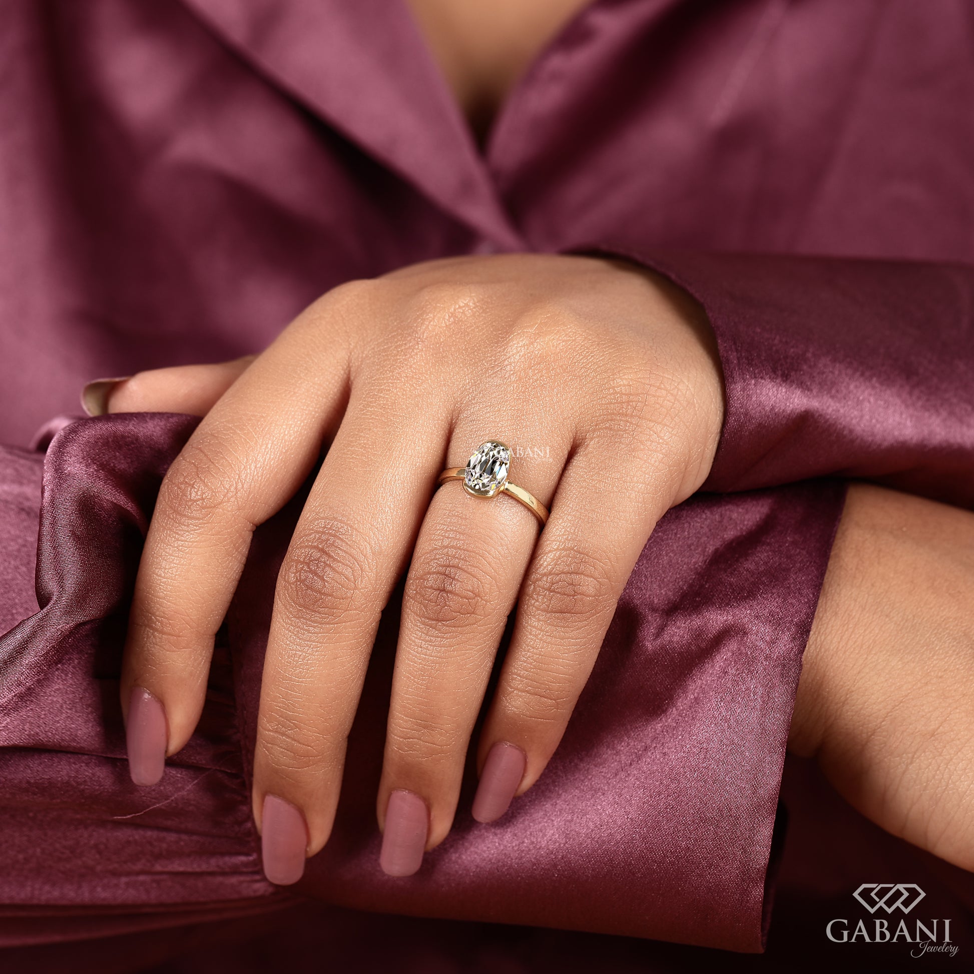 Comfort fit solitaire ring with old mine oval lab grown diamond in yellow gold band