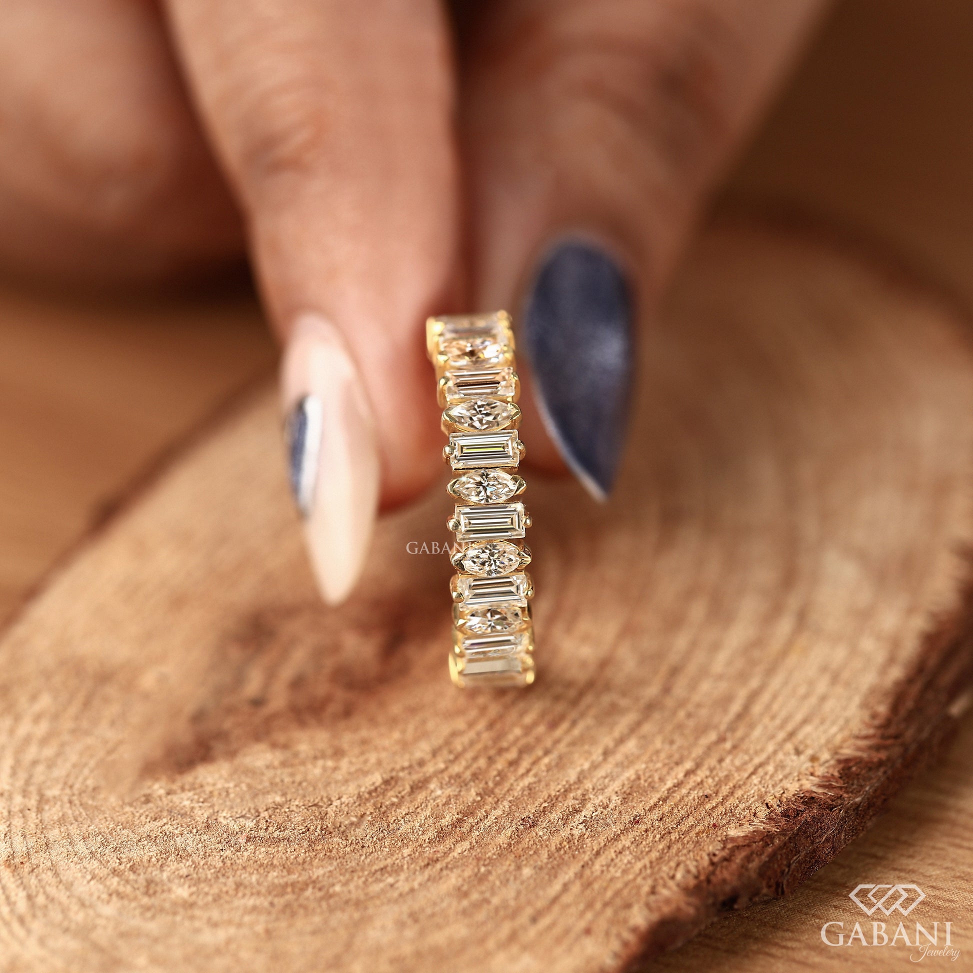 Horizontal baguette and marquise lab grown diamond matching band