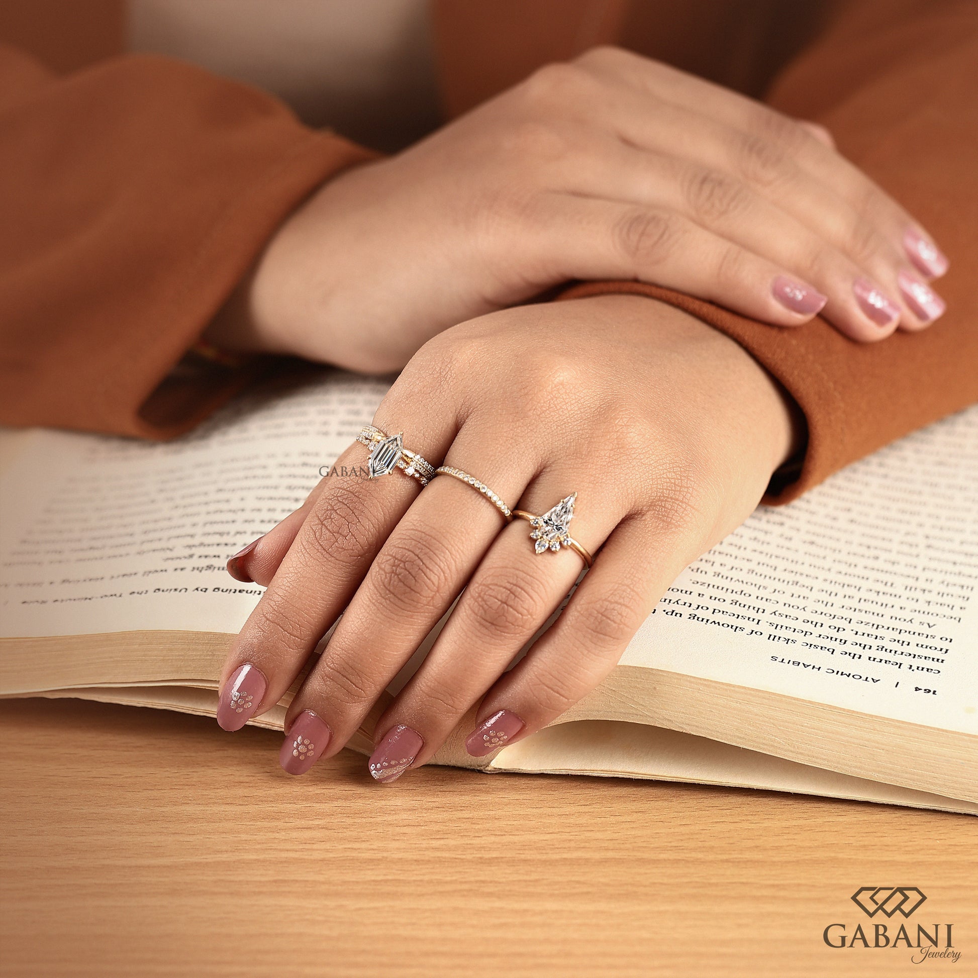 Hexagon cut CVD diamond engagement ring with round side stones in gold