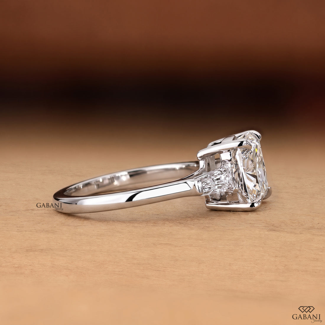 Cushion Cut Lab Grown Diamond Engagement Ring, Baguette Side Stone Bridal Ring