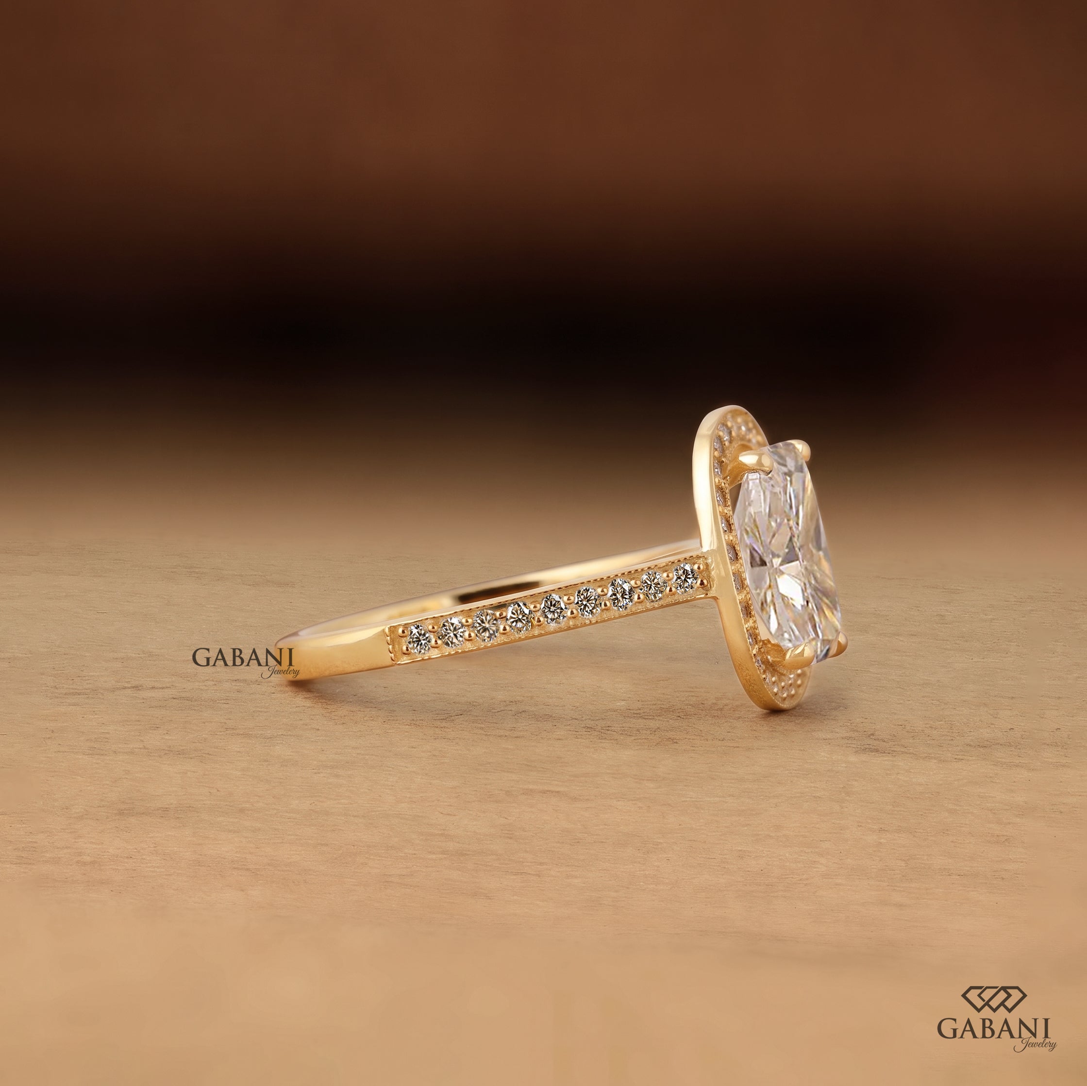 Cushion Cut Lab Grown Diamond Halo Engagement Ring, 14K Yellow Gold Bridal Ring