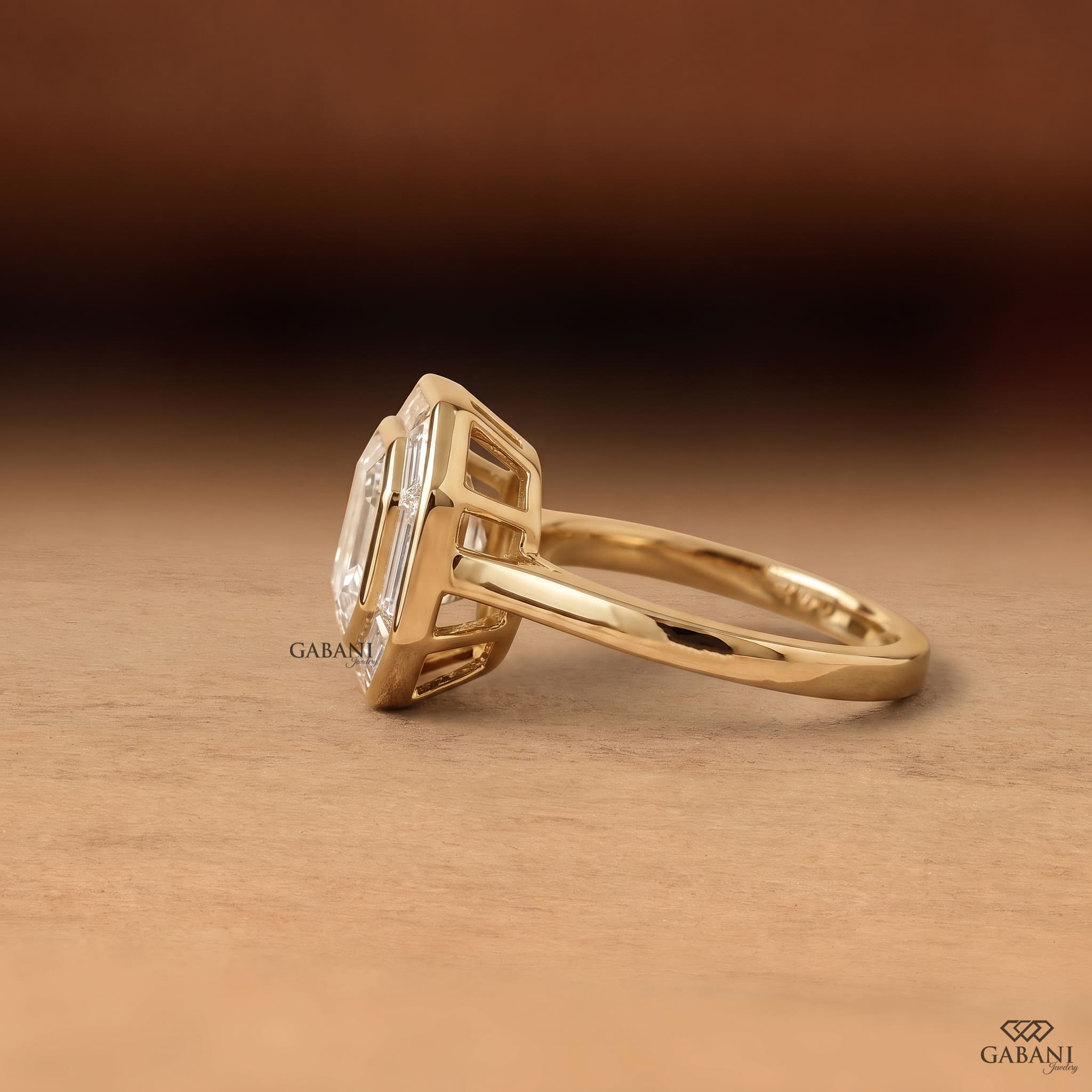 Asscher cut lab grown diamond engagement ring with baguette diamond halo in 18K yellow gold, featuring a vintage Art Deco design.