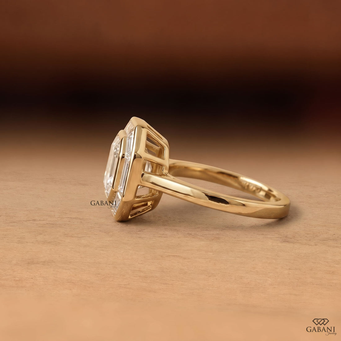 Asscher cut lab grown diamond engagement ring with baguette diamond halo in 18K yellow gold, featuring a vintage Art Deco design.
