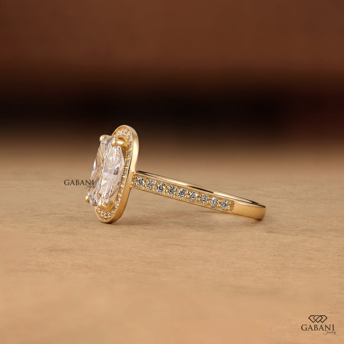 Cushion Cut Lab Grown Diamond Halo Engagement Ring, 14K Yellow Gold Bridal Ring