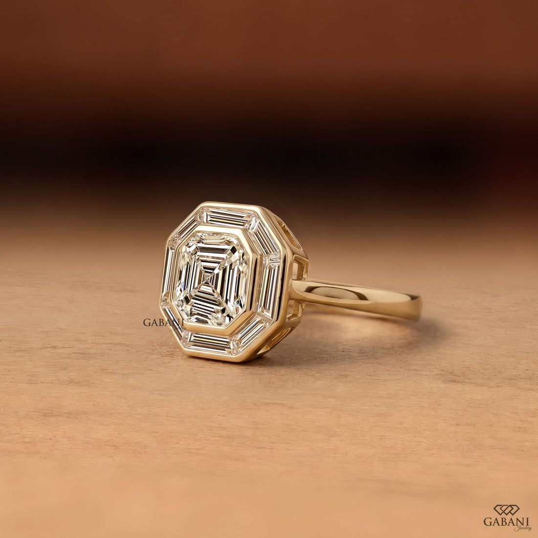 Asscher cut lab grown diamond engagement ring with baguette diamond halo in 18K yellow gold, featuring a vintage Art Deco design.