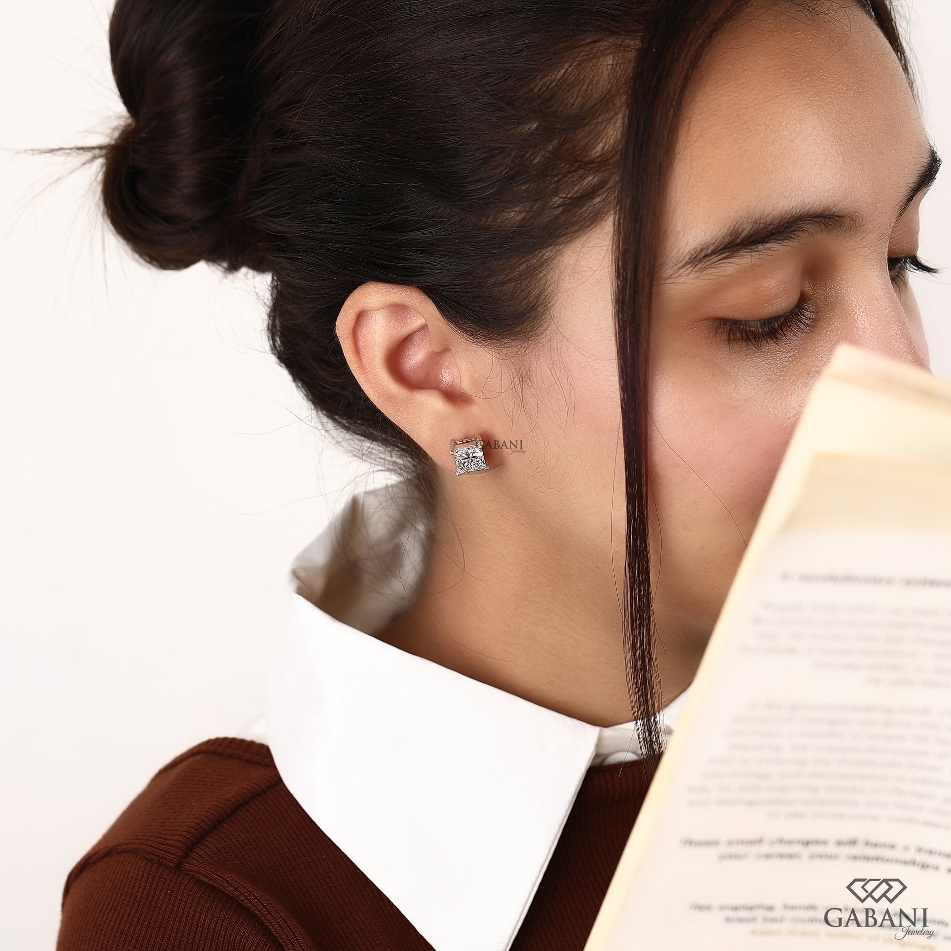 Minimal claw prong princess cut lab created diamond studs GABANI JEWELRY 
