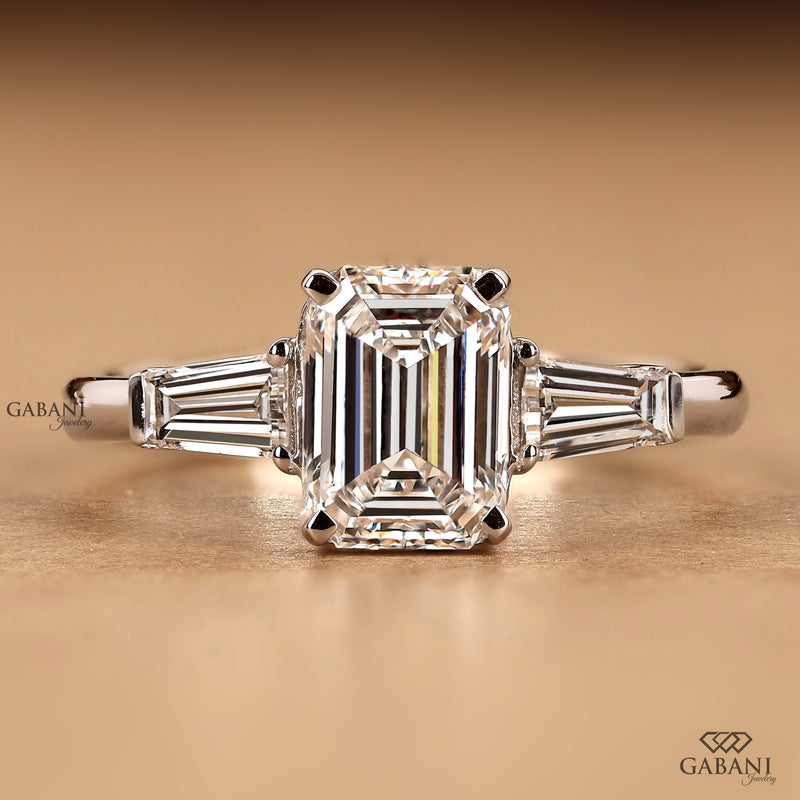 Emerald cut Diamond Three Stone Ring For Women