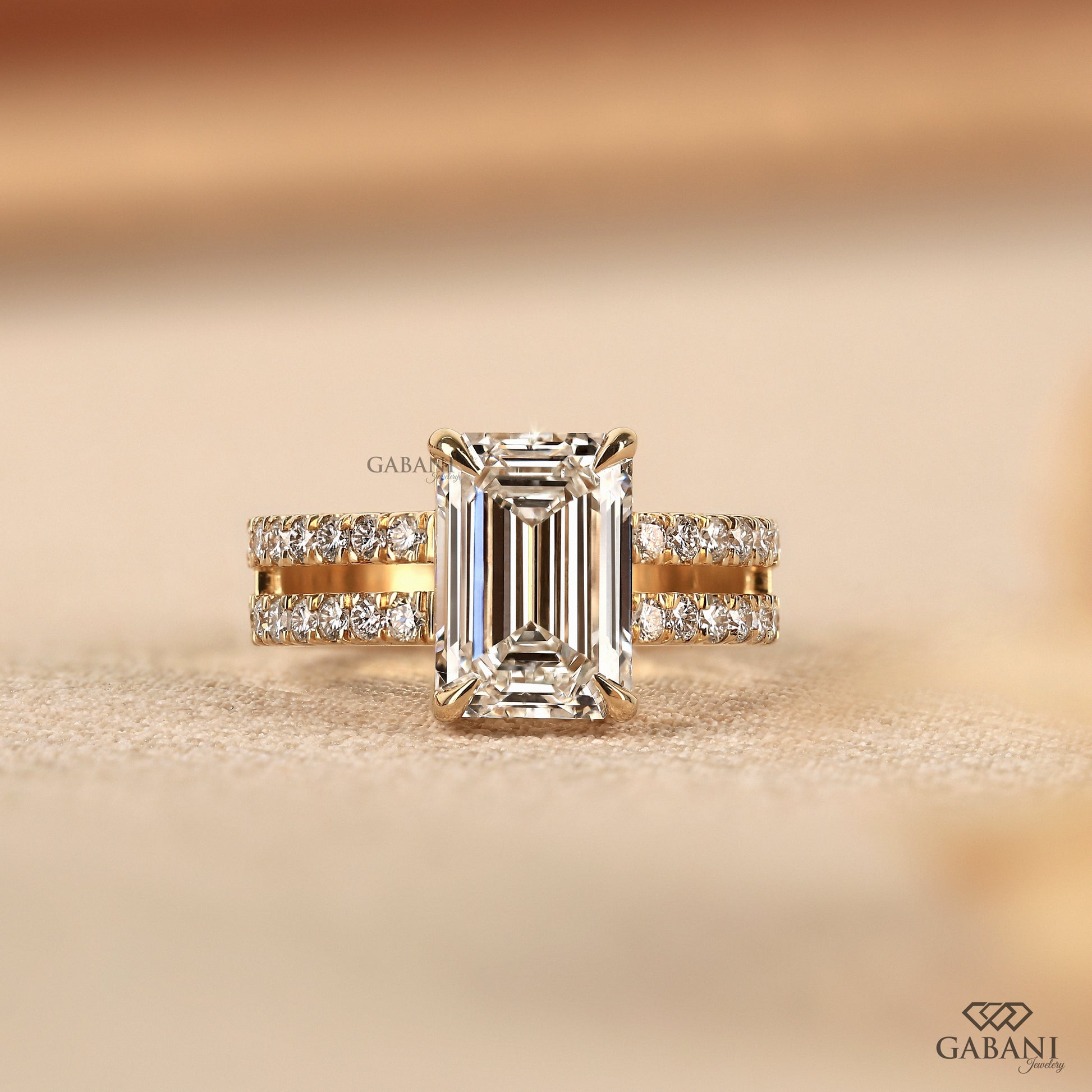 Emerald cut lab grown diamond ring in 14k yellow gold with double shank
