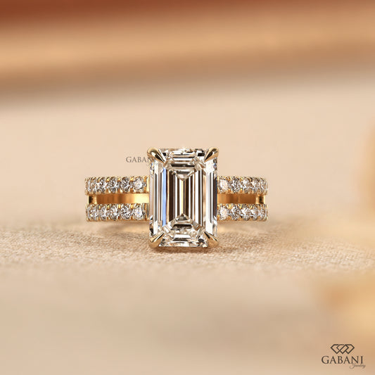 Emerald cut lab grown diamond ring in 14k yellow gold with double shank

