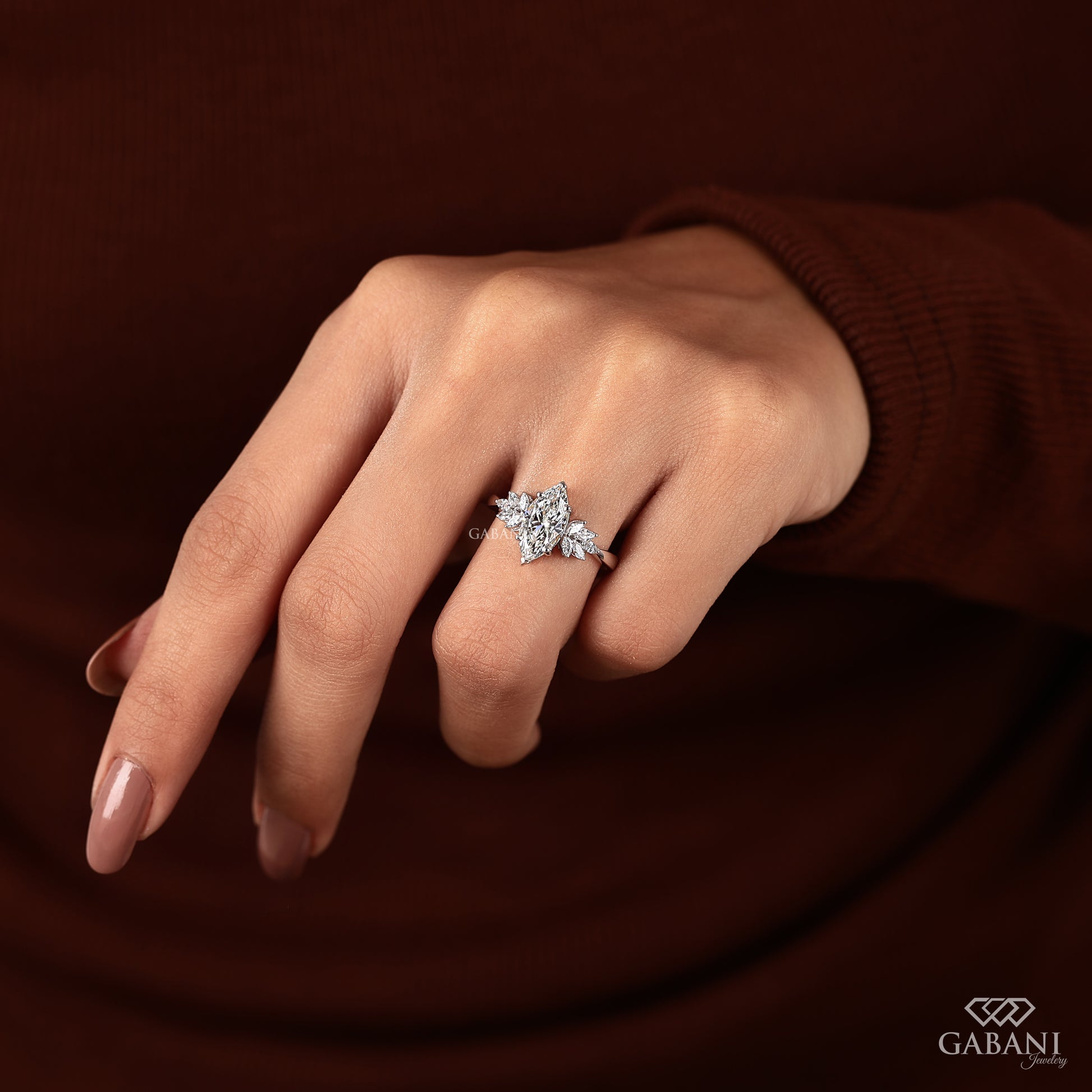 Handmade marquise diamond ring with lab created stone and elegant white gold finish