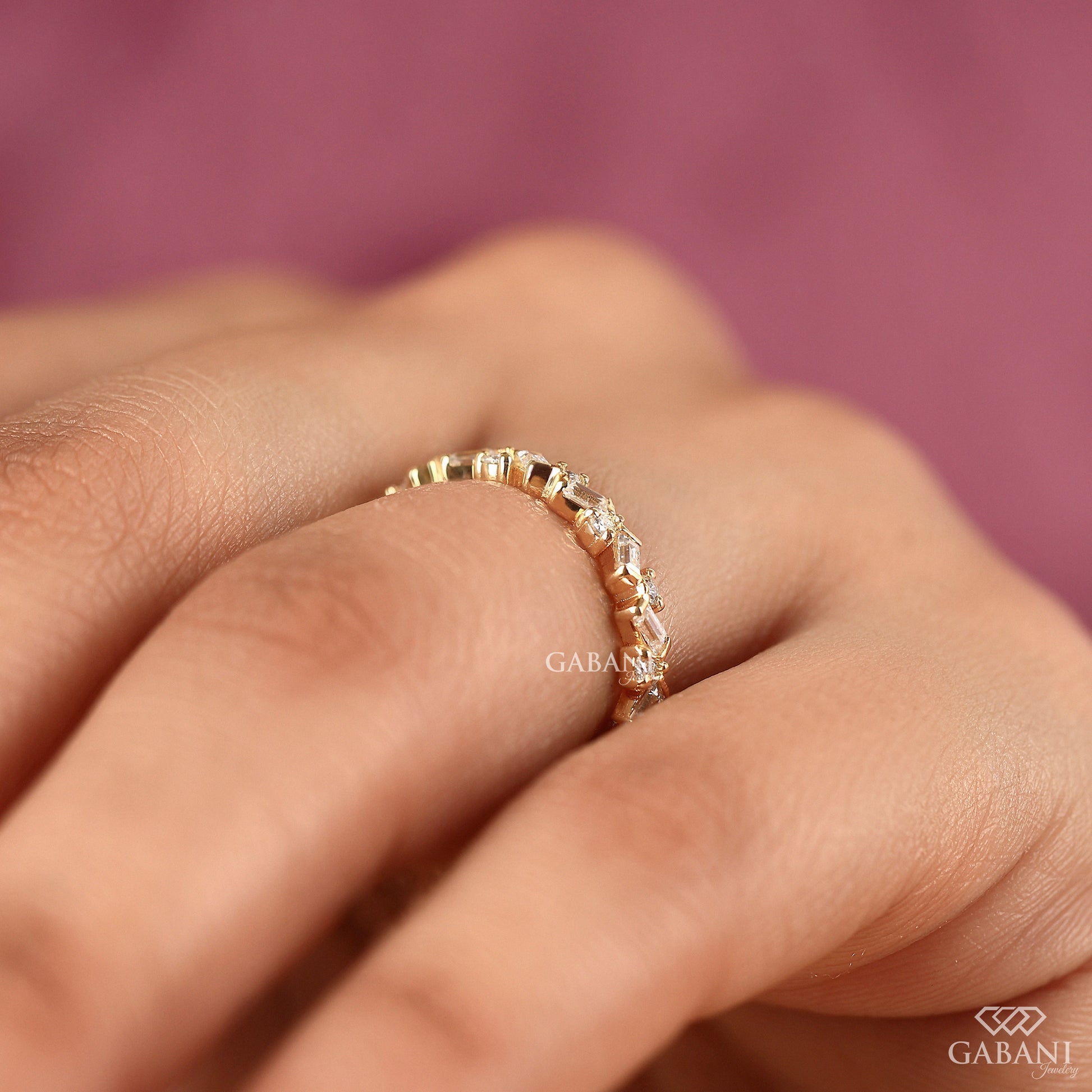 gold zig zag diamond ring with baguette and round lab grown diamonds thin band