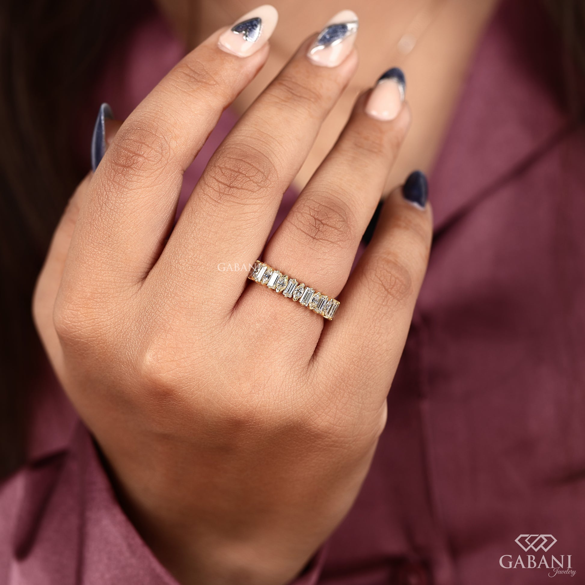 Slim comfort fit lab grown diamond half eternity band with gold