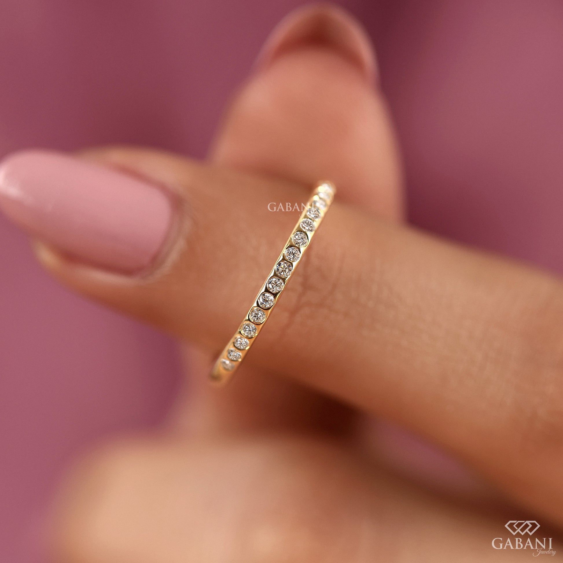 half eternity diamond ring with flush setting in smooth 14k gold