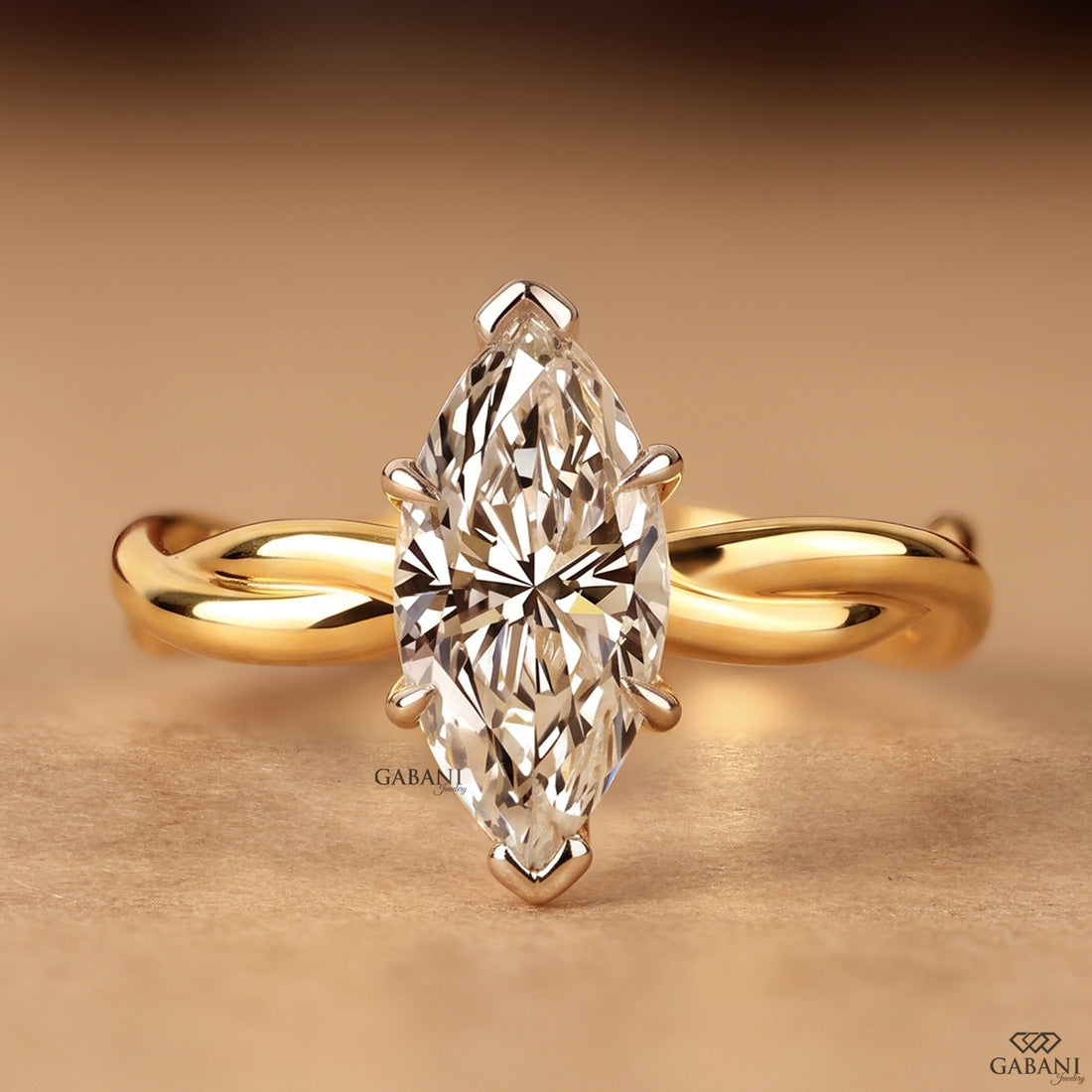 Marquise cut lab grown diamond twisted solitaire engagement ring
