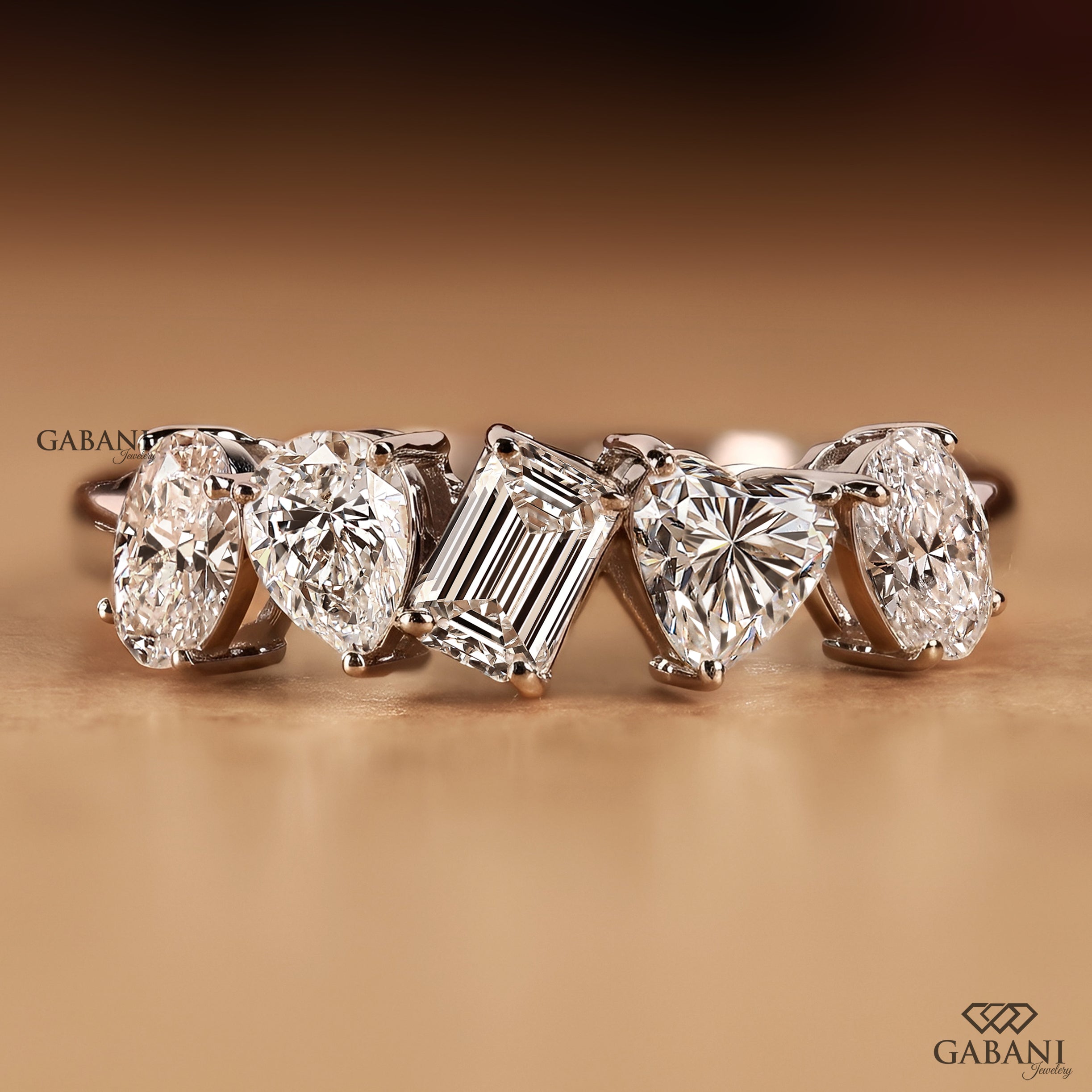 Front view of Gabani Jewelry multi shape lab grown diamond wedding band in 14K white gold