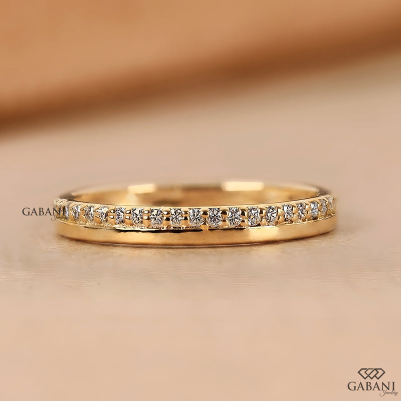 Round Diamond Wedding Band - One Side Pave Ring