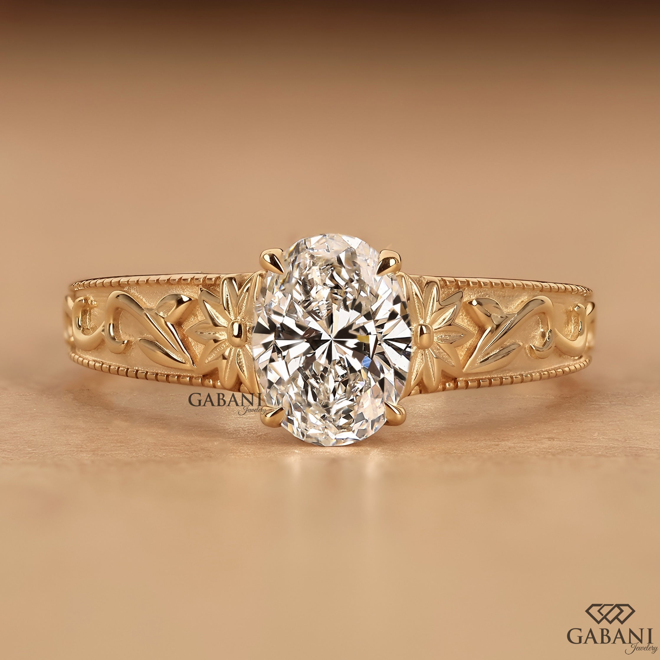 Oval cut IGI certified lab grown diamond engagement ring with a leaf engraved shank