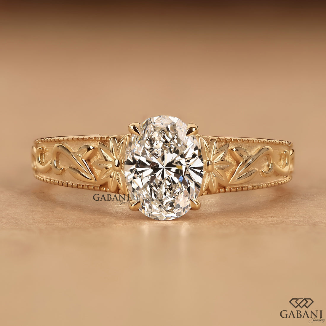 Oval cut IGI certified lab grown diamond engagement ring with a leaf engraved shank