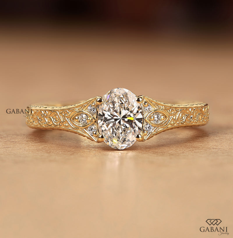 Oval Cut Diamond Engagement Ring, Elsie Engraved Ring