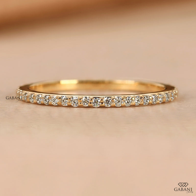 Dainty Pave set Real Diamond Wedding Band in Yellow Gold