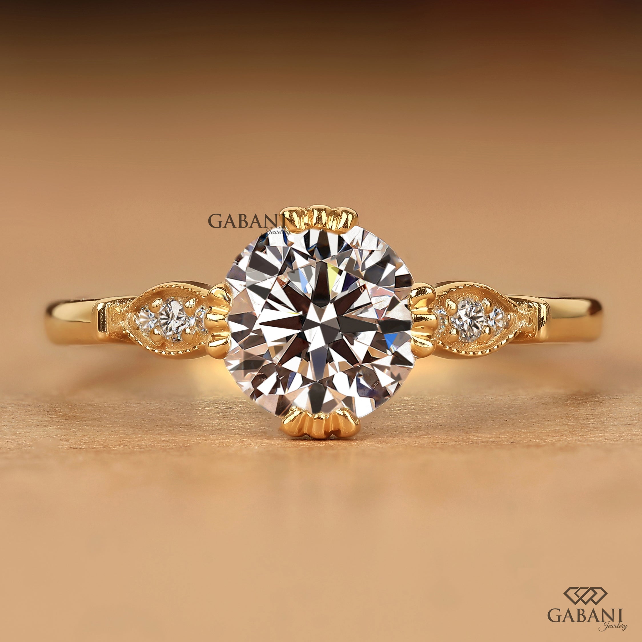 Front view of Gabani Jewelry round brilliant cut lab grown diamond engagement ring