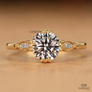 Round Lab Grown Diamond Engagement Ring For Women - Milgrain set